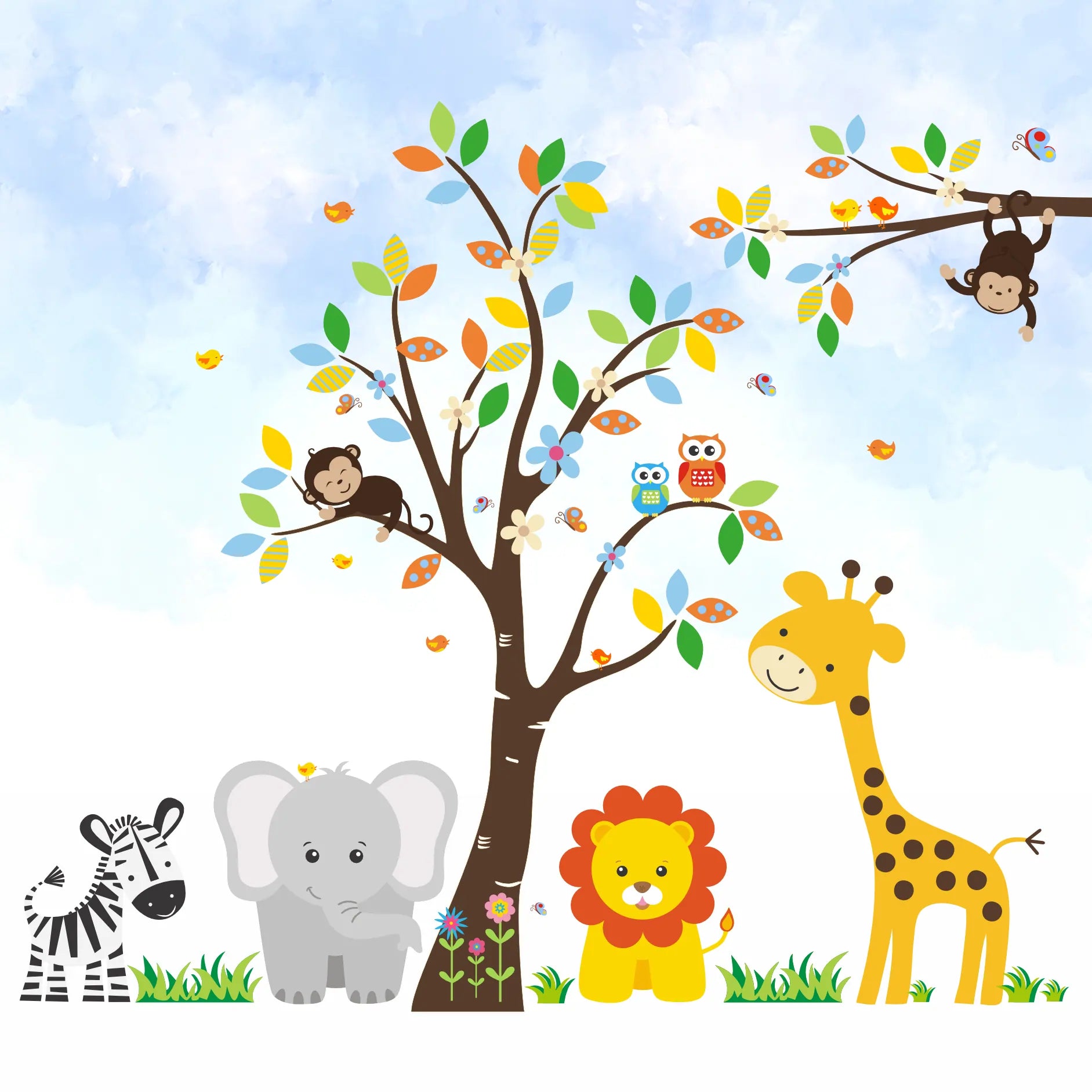Papel de Parede Safari Árvore Animais Infantil