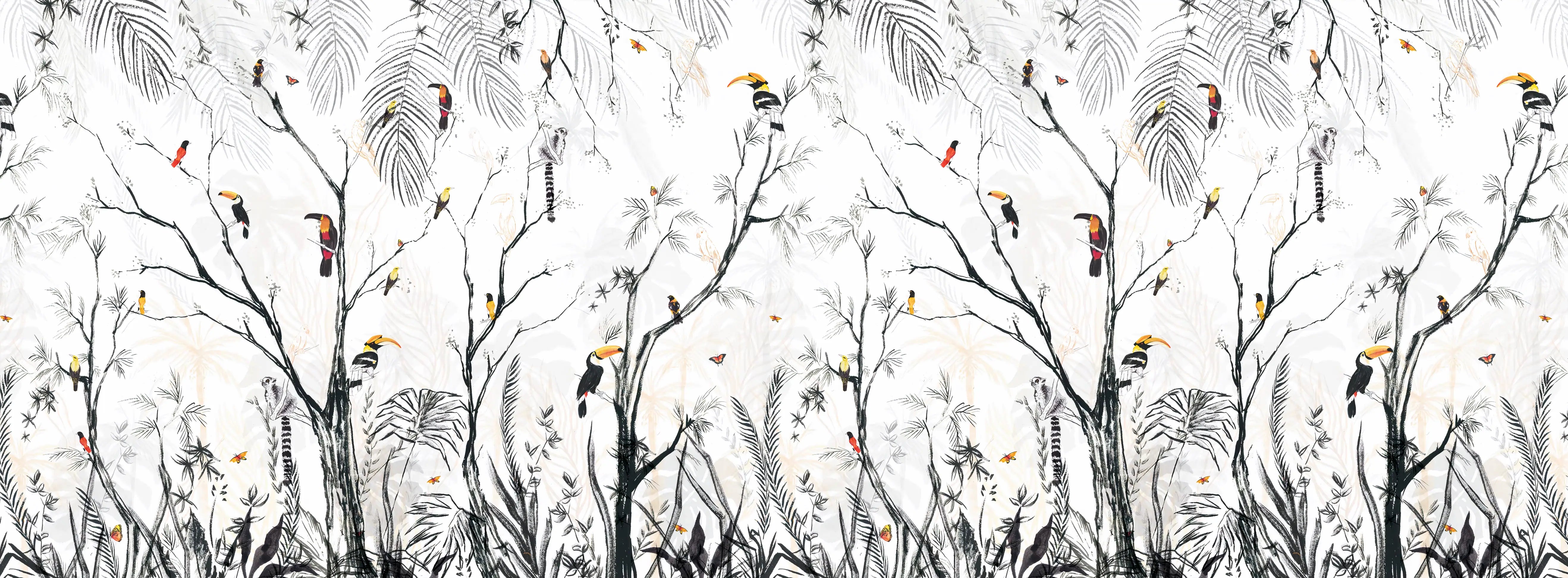 Papel de Parede Floresta Tropical com Pássaros Toque Natural e Vibrante