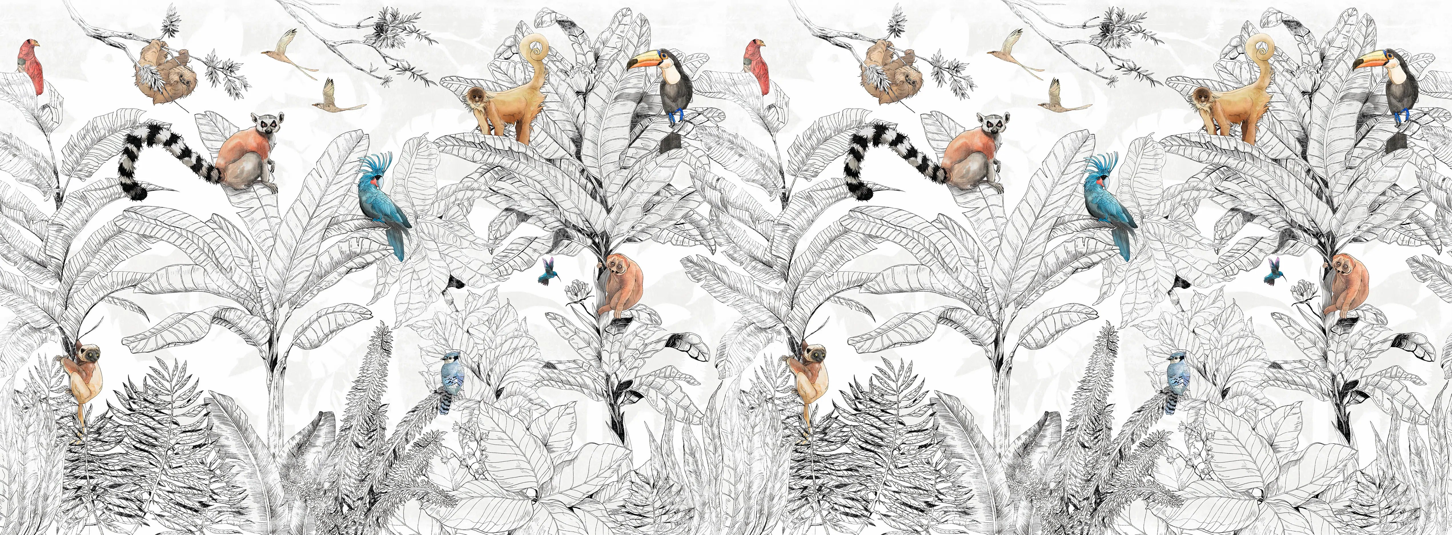 Papel de Parede Selva com Animais e Pássaros Decoração Tropical e Vibrante