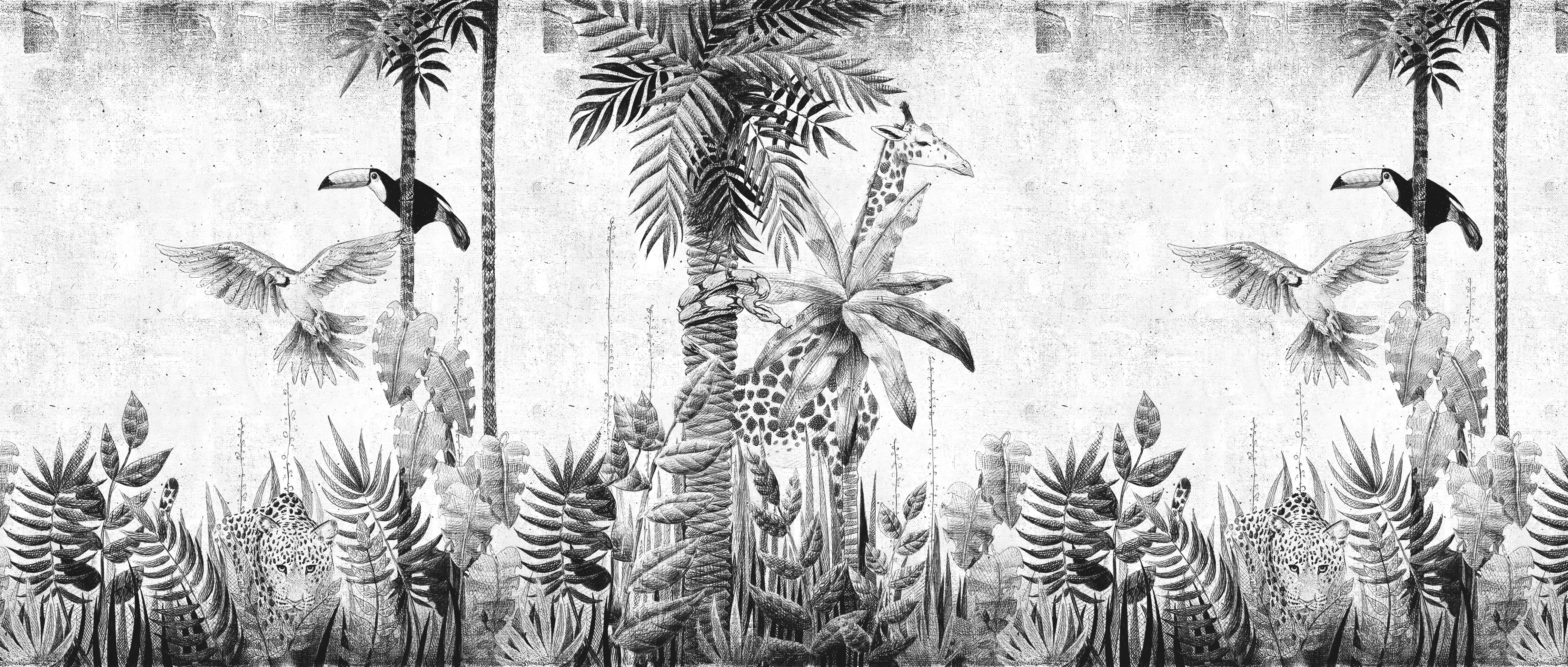 Papel de Parede Floresta Tropical Ilustração: Paraíso Exuberante em Preto e Branco