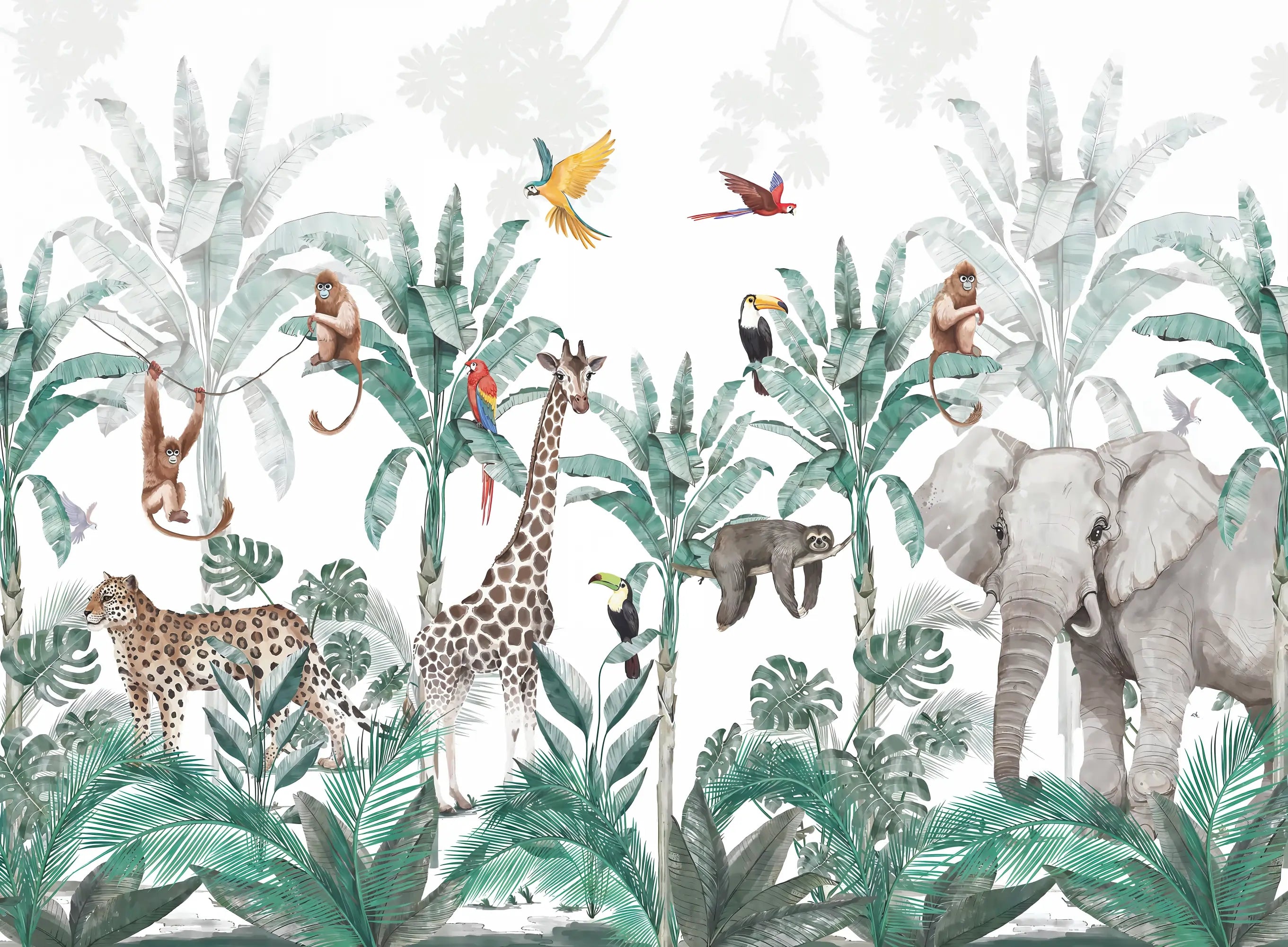 Papel de Parede Safari Infantil com Animais da Floresta em Aquarela