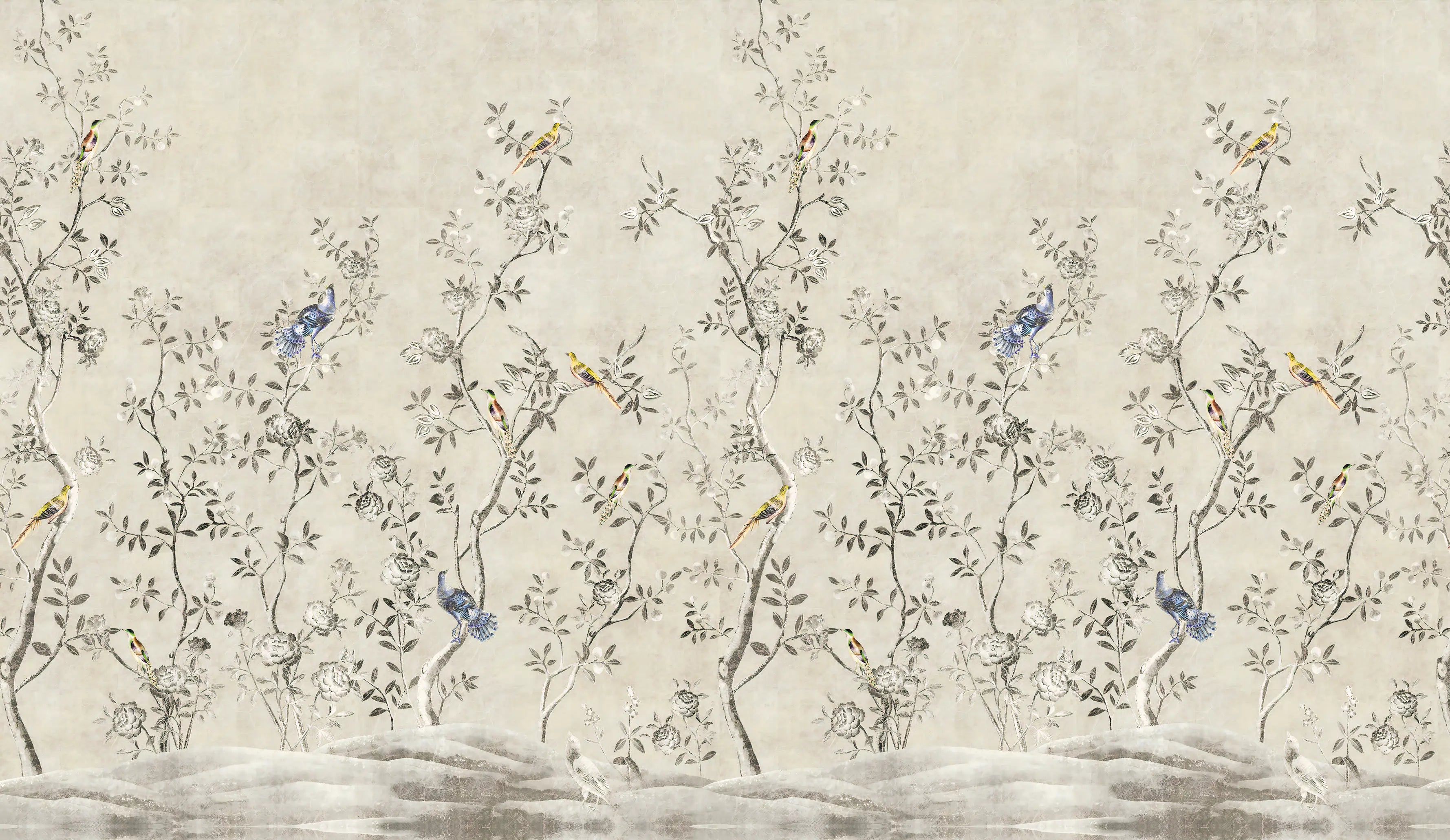 Papel de Parede Flores, Galhos e Pássaros Natureza e Elegância para Seu Ambiente