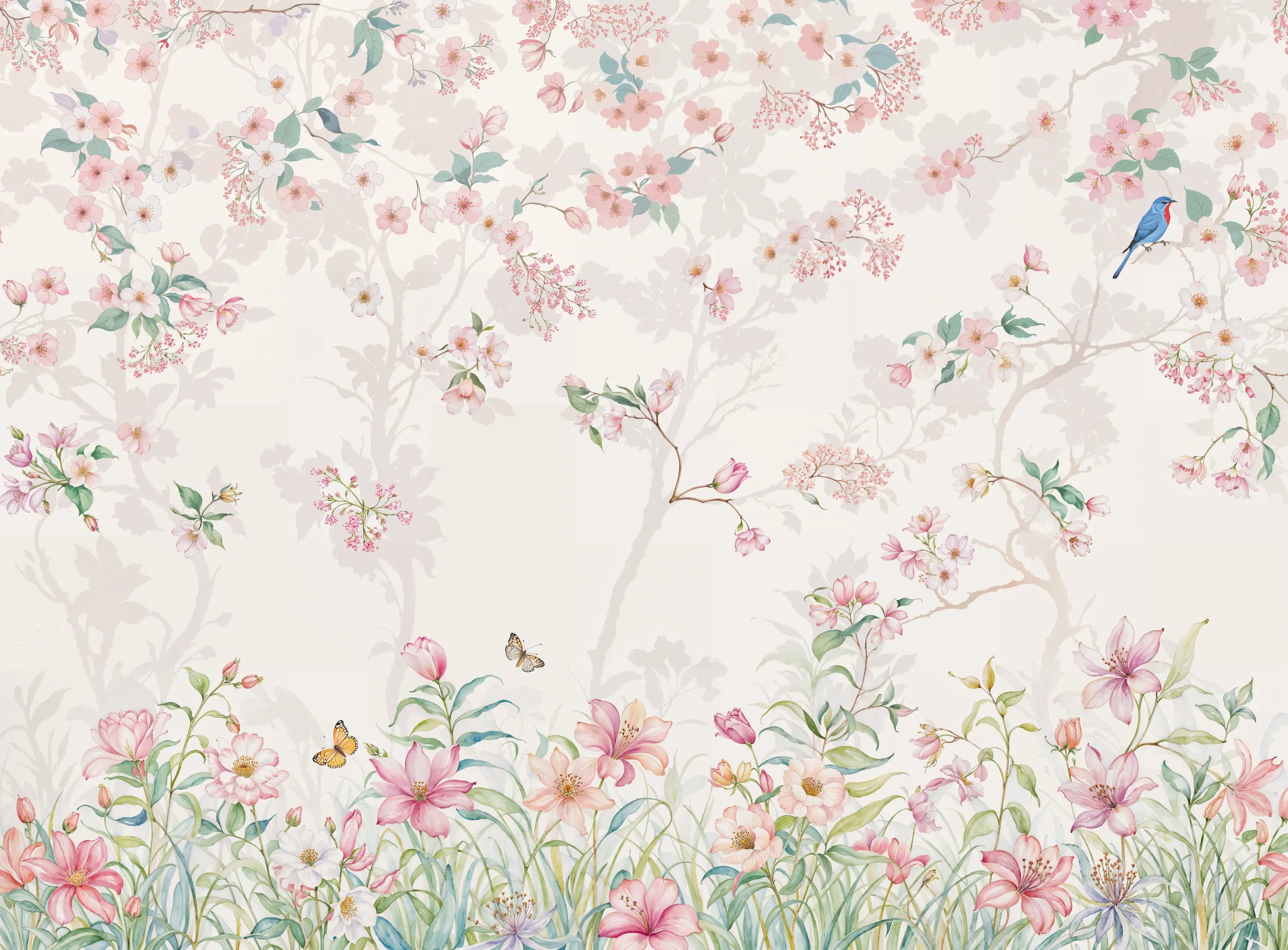 Papel de Parede Flores e Pássaros: Elegância Floral com Toque Primaveril