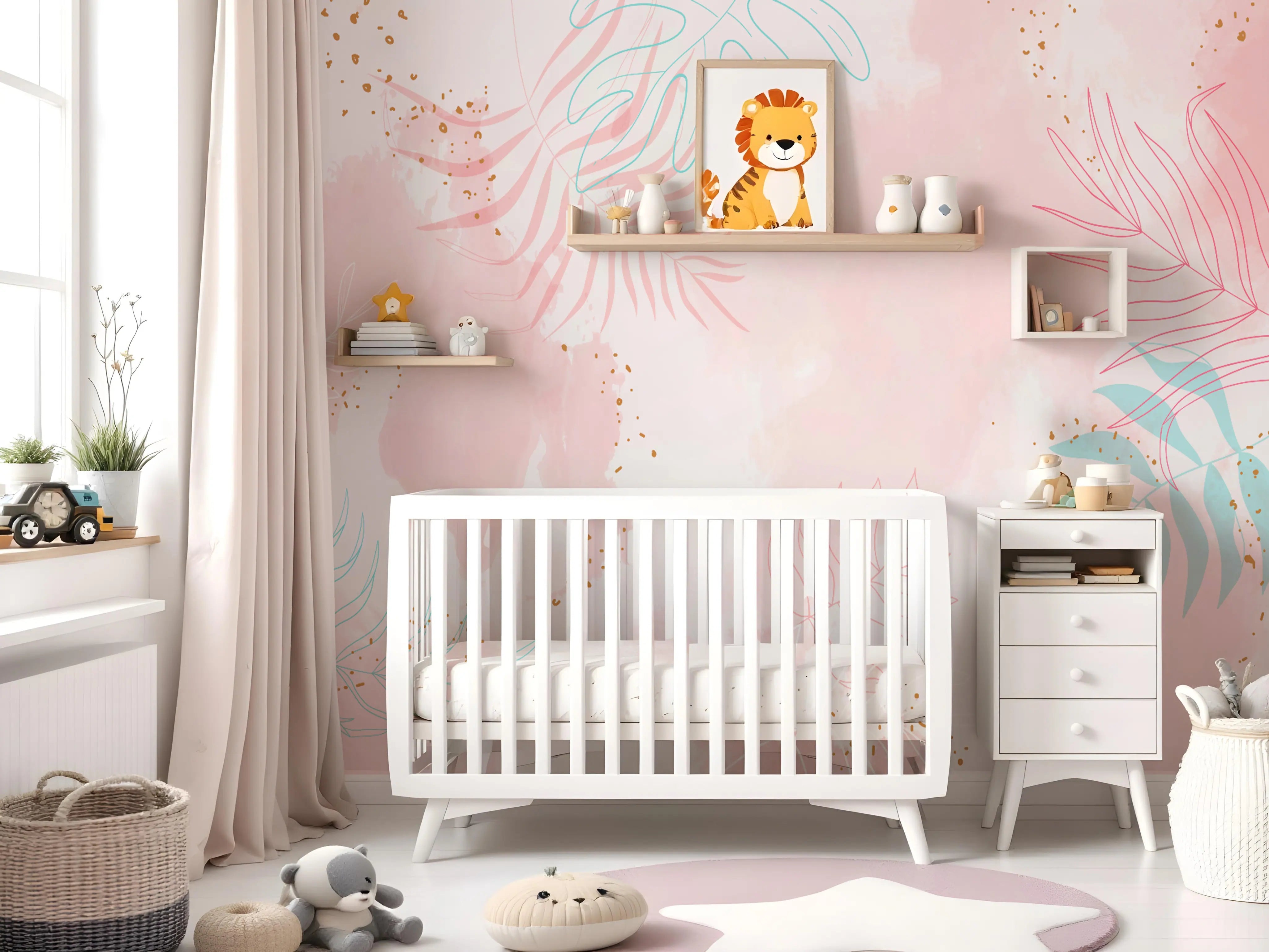 Mural Infantil Folhas Rosé Quarto Bebê ADcorista