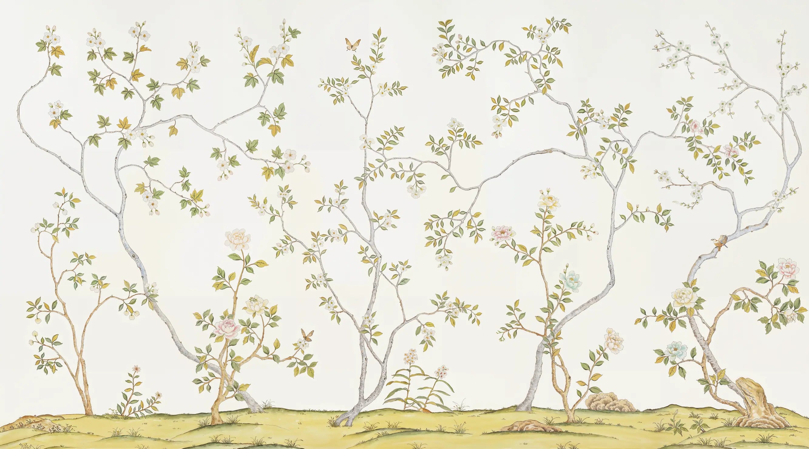 Papel de Parede Chinoiserie Elegante: Jardim Oriental Delicado em Tons Suaves