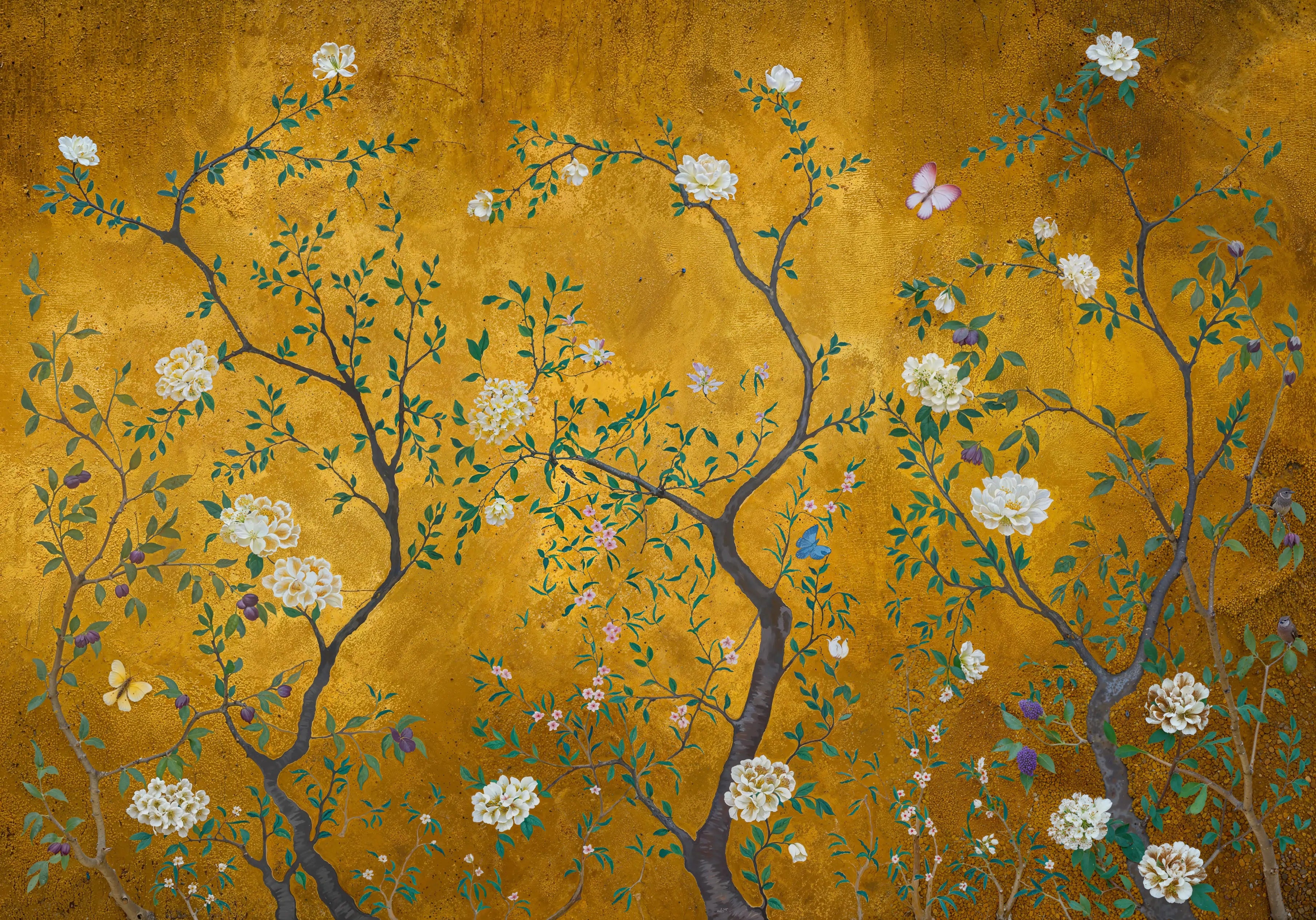 Papel de Parede Floral Oriental Dourado