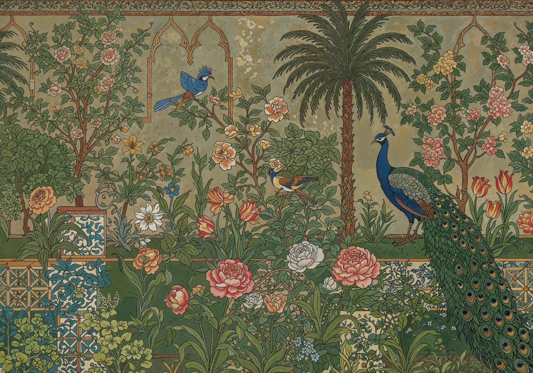 Papel de Parede Mural Jardim de Pavões e Flores