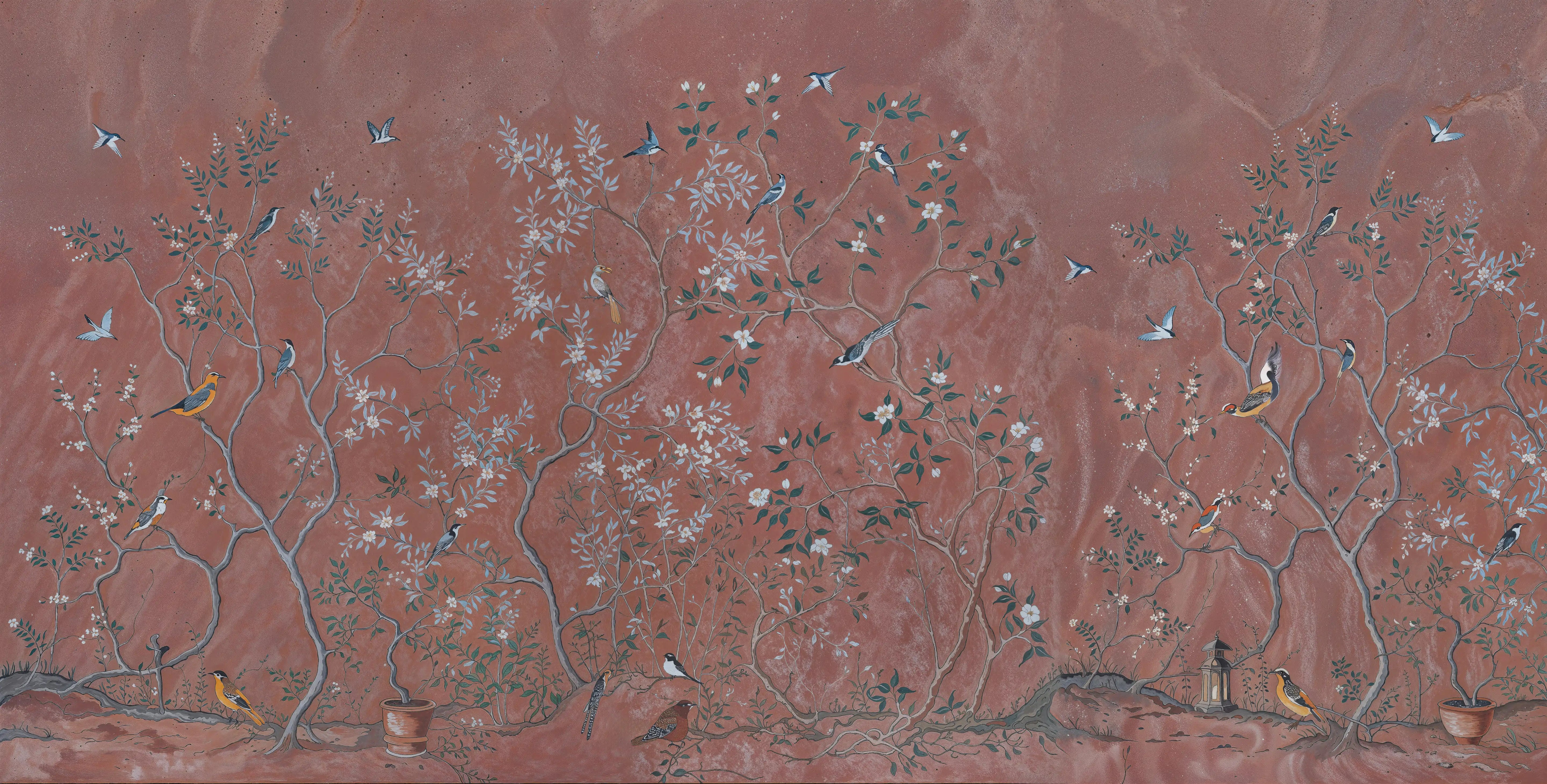 Papel de Parede Mural Chinoiserie de Pássaros e Flores