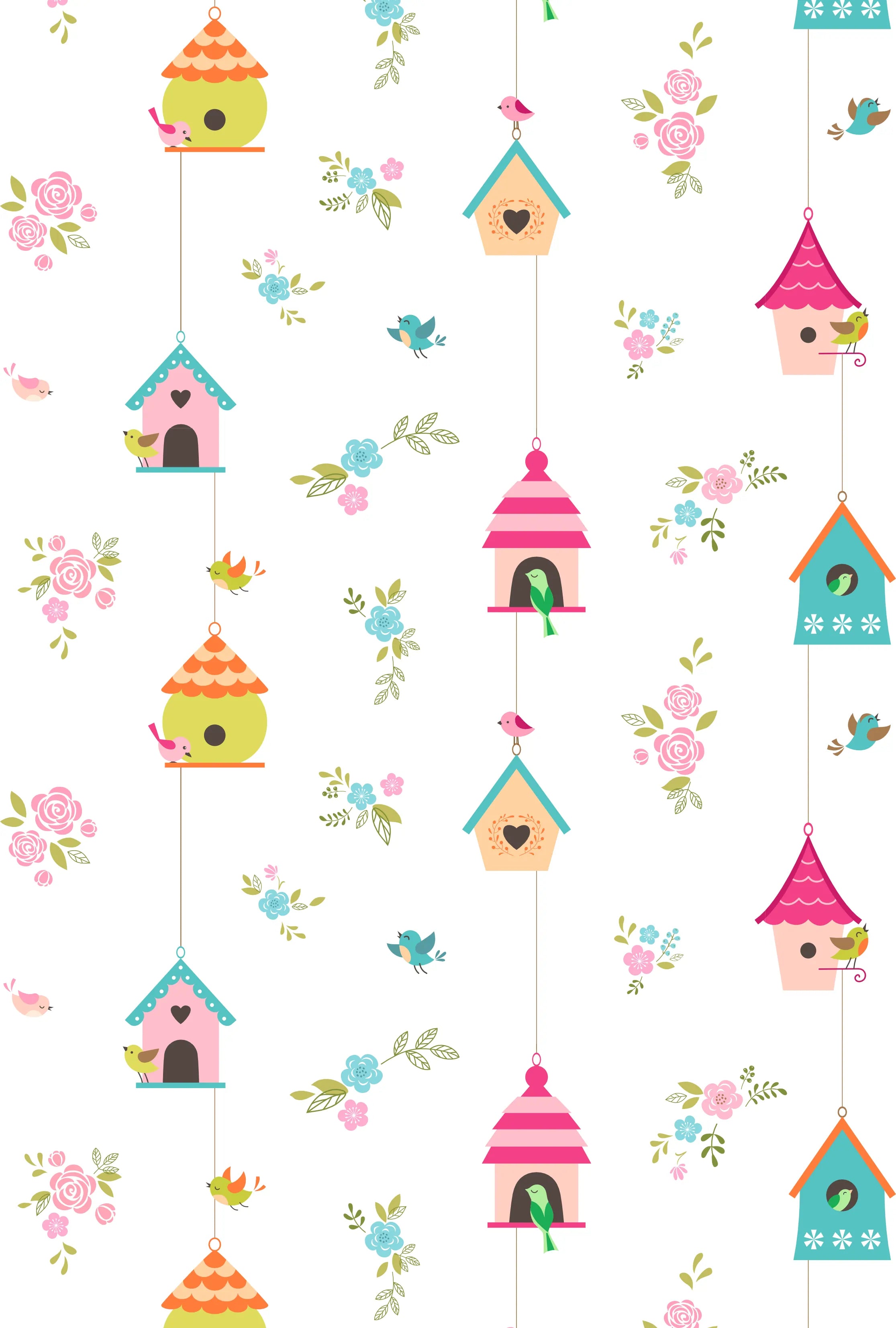 Papel de Parede com Gaiolas, Casinhas e Pássaros Encanto Delicado para Quartos e Salas
