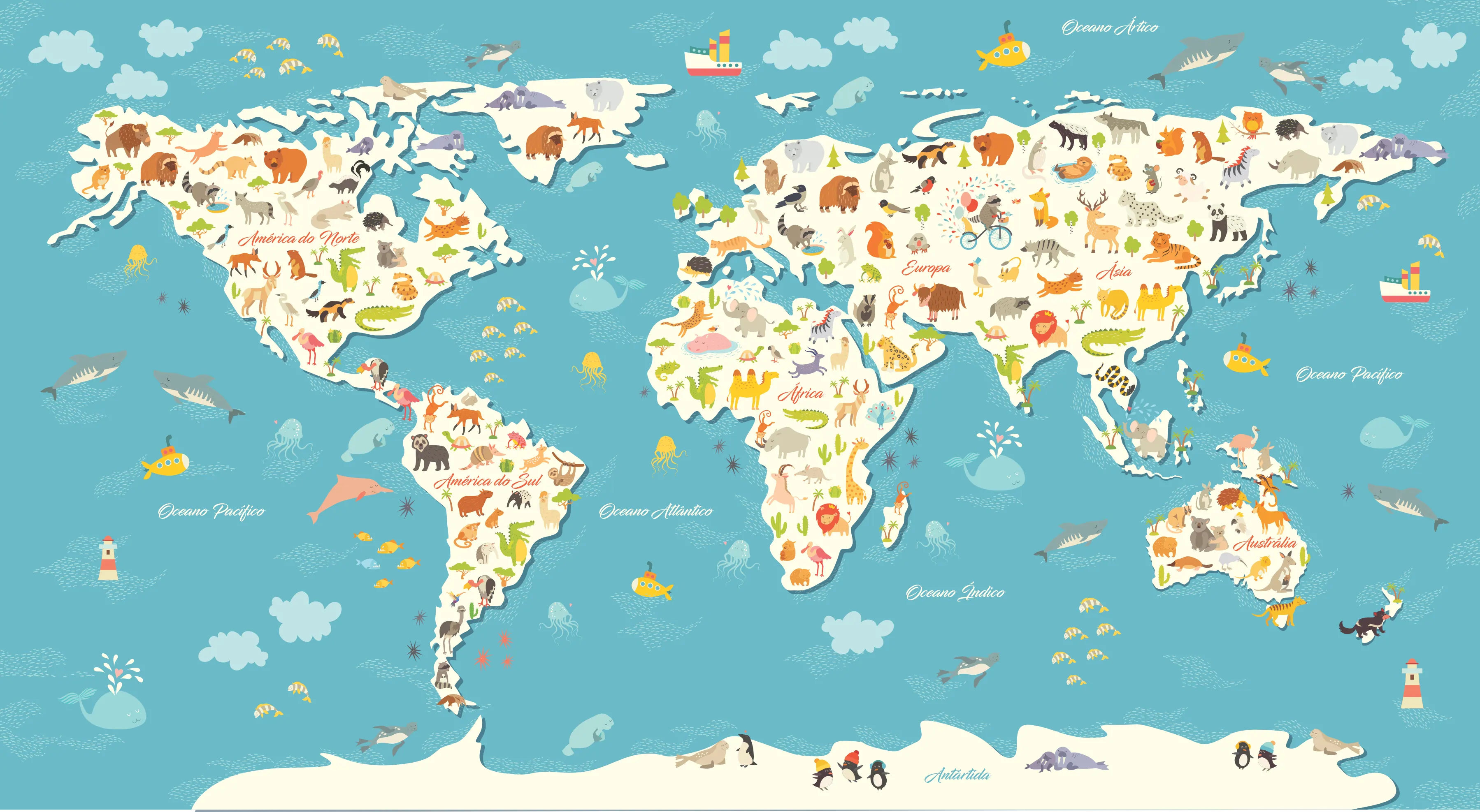 Papel de Parede Infantil Mapa Mundi Animais