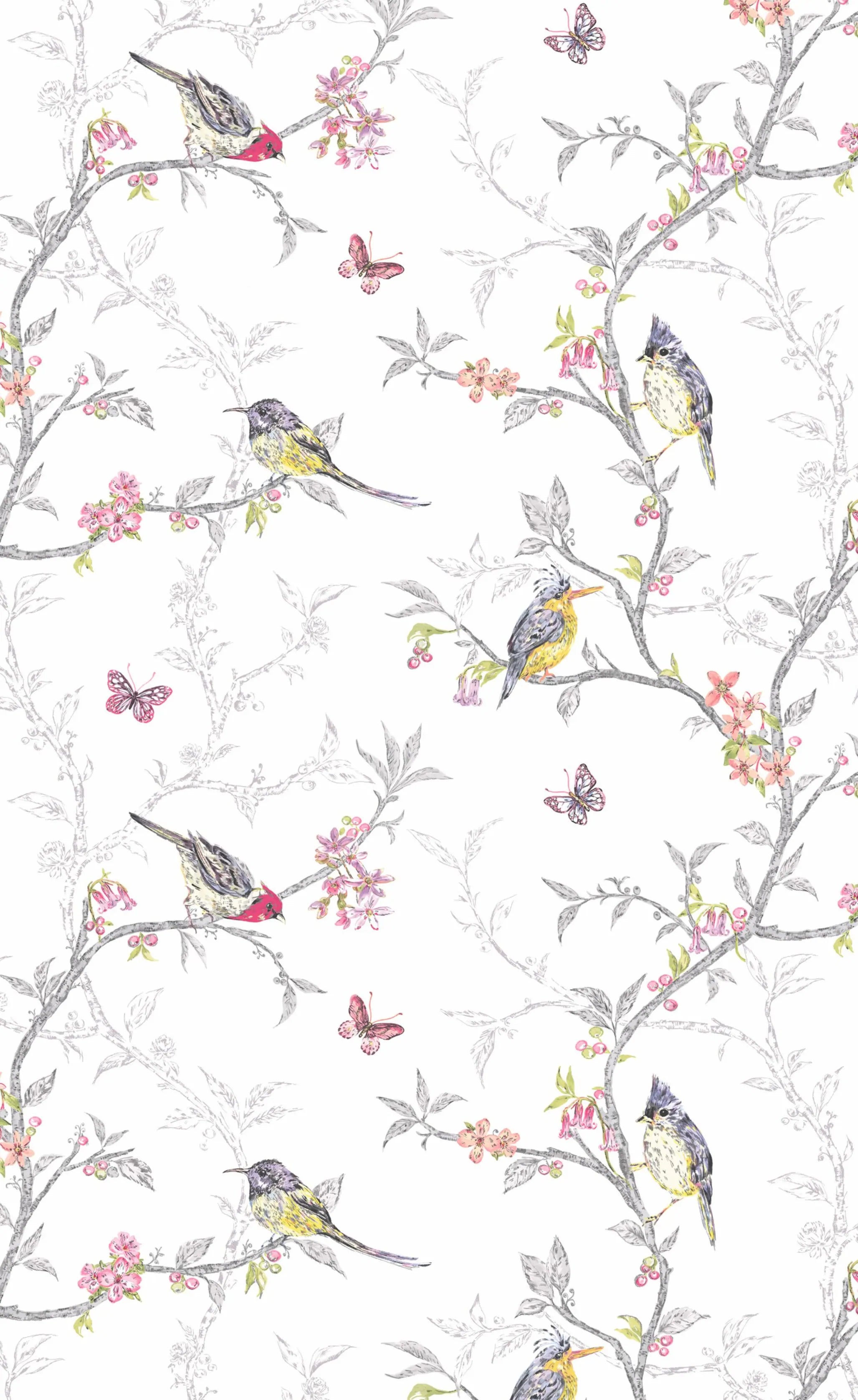 Papel de Parede Floral com Pássaros e Borboletas – Galhos Elegantes e Naturais