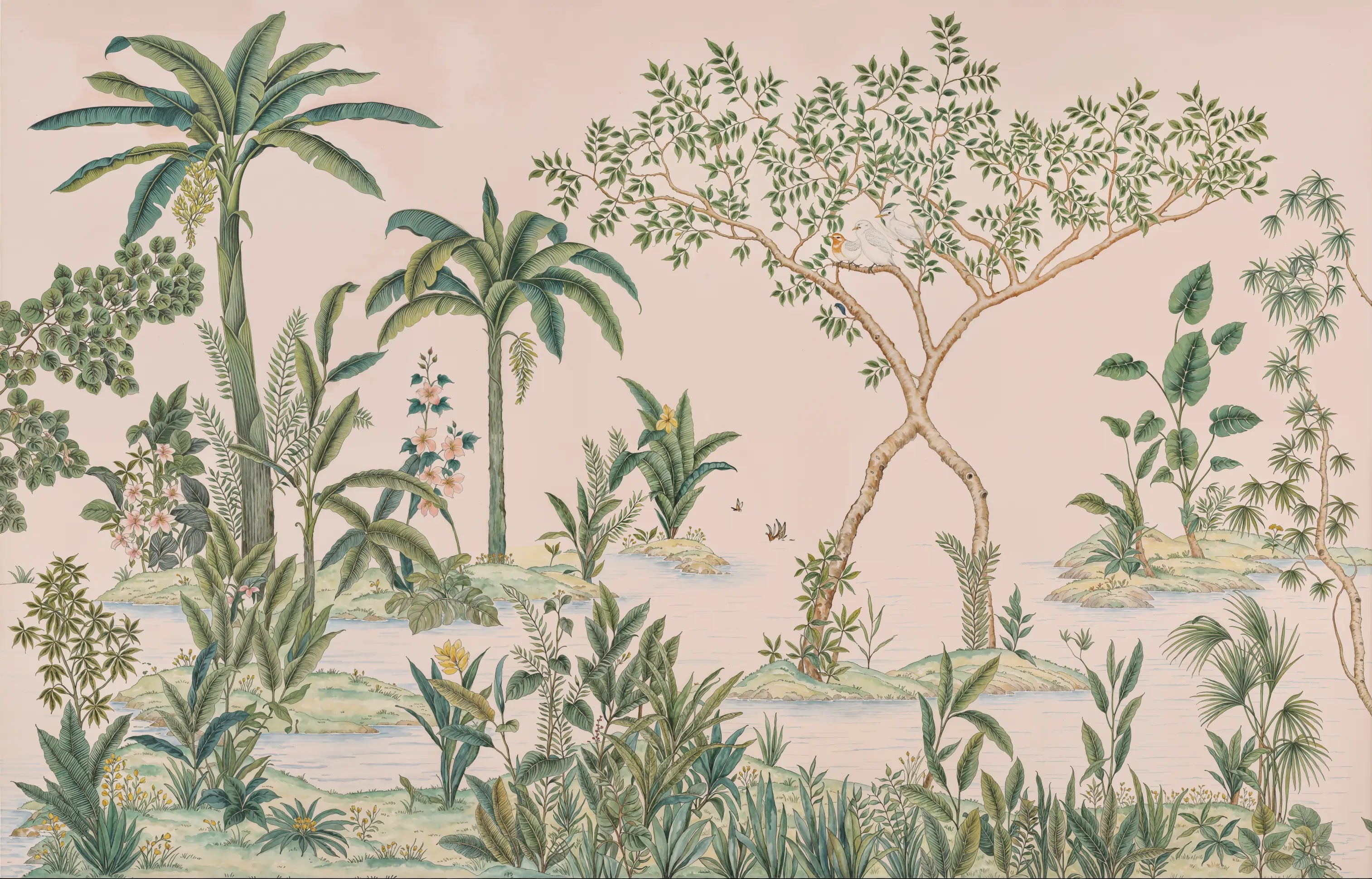 Papel de Parede Paisagem Tropical Elegante: Fauna e Flora em Harmonia Delicada