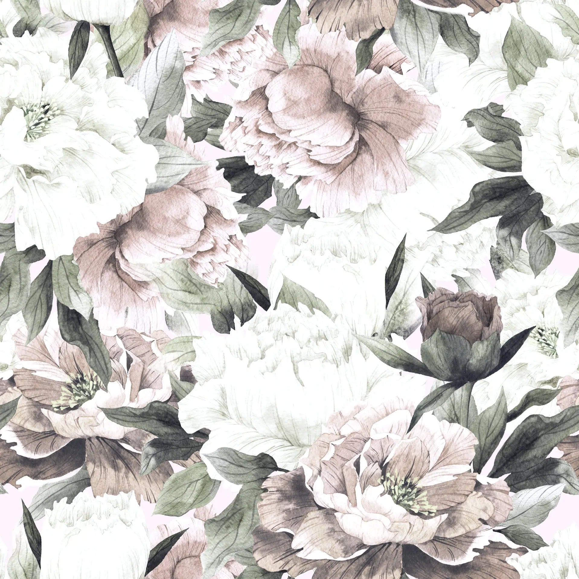 Papel de Parede Floral Aquarelado Estilo Romântico com Flores em Grande Escala
