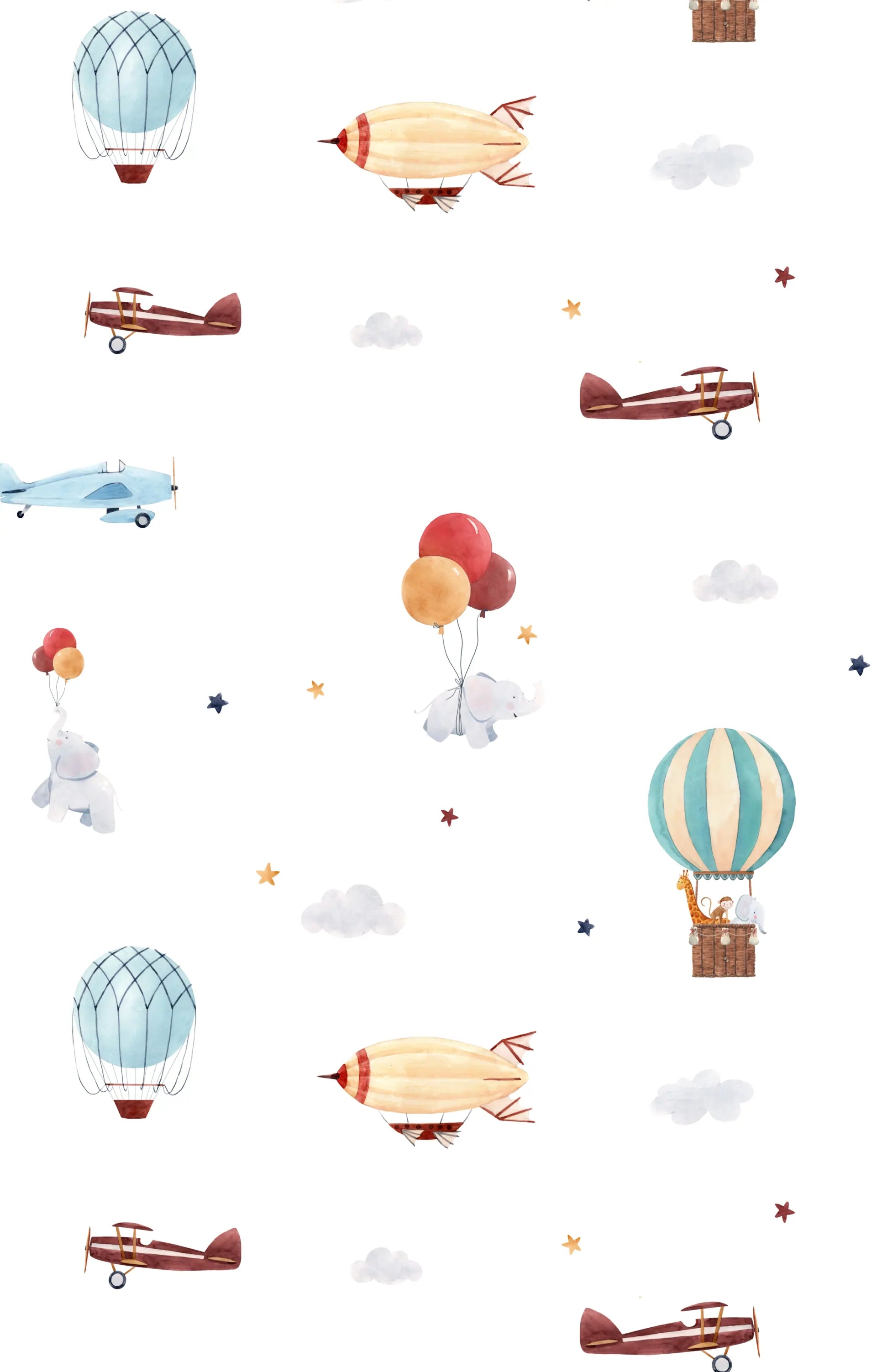 Papel de Parede Infantil Aventura Aérea: Balões, Aviões e Animais