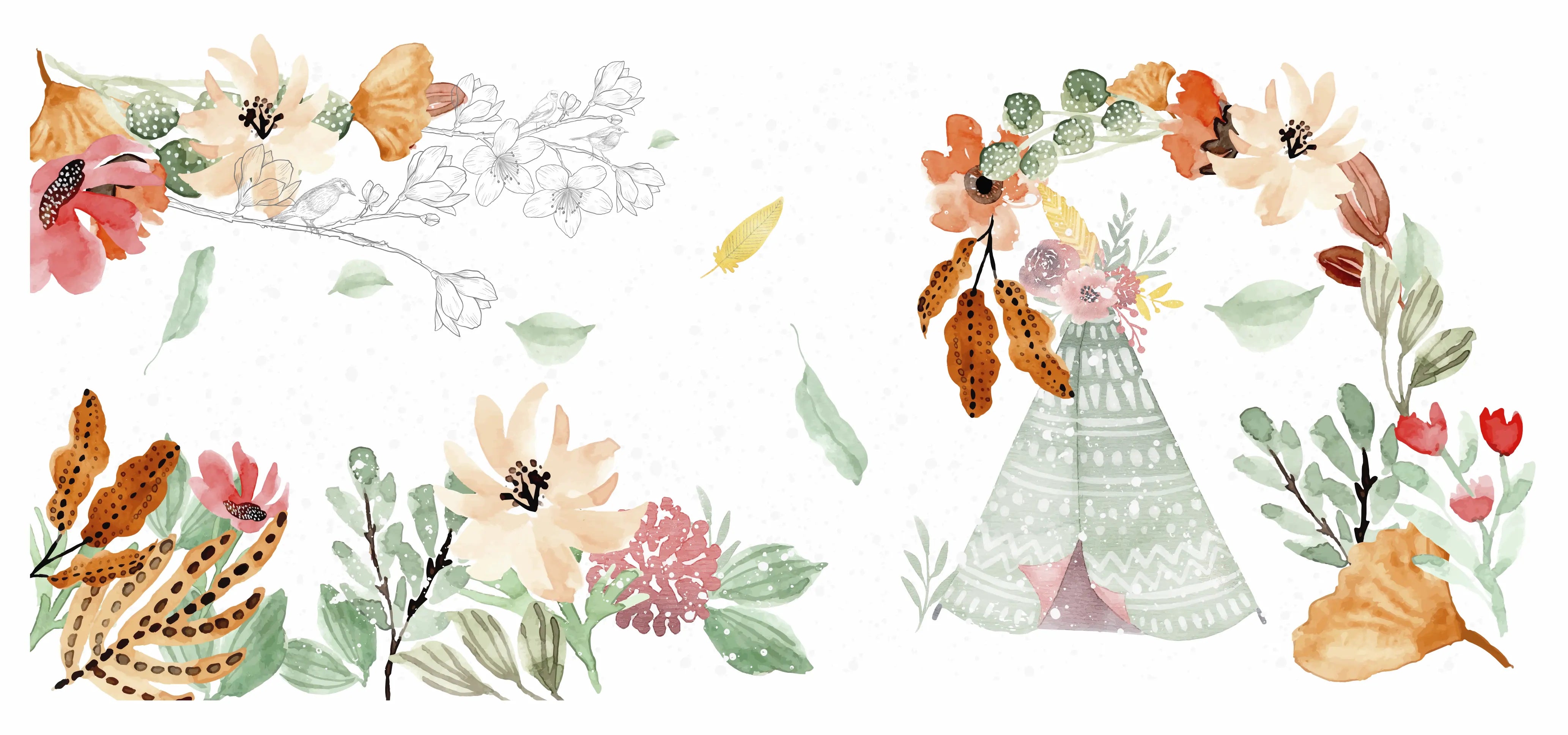 Papel de Parede Floral Grande em Aquarela  Arte Botânica Suave e Elegante