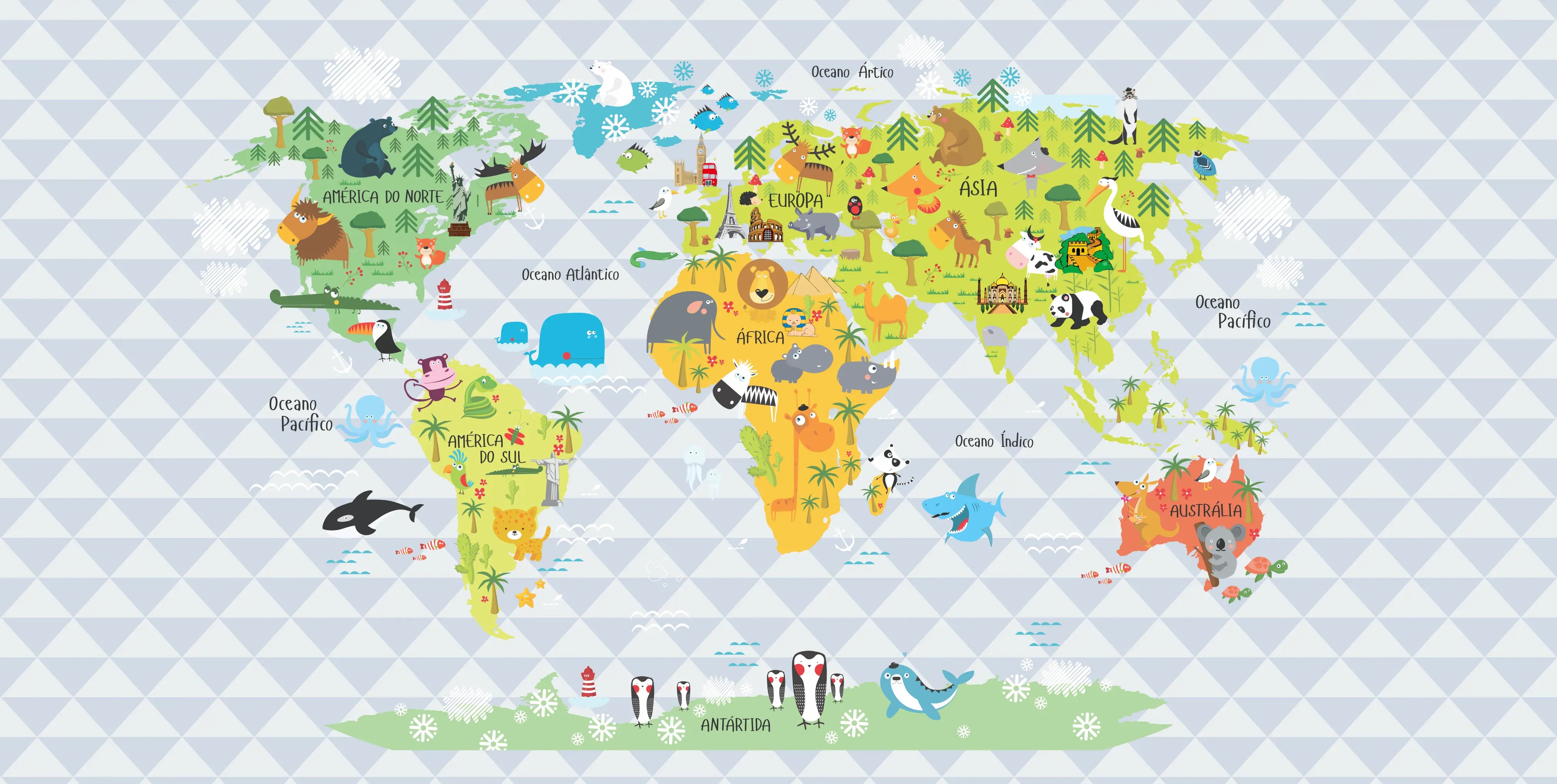 Papel de Parede Mapa Mundi Infantil Animais