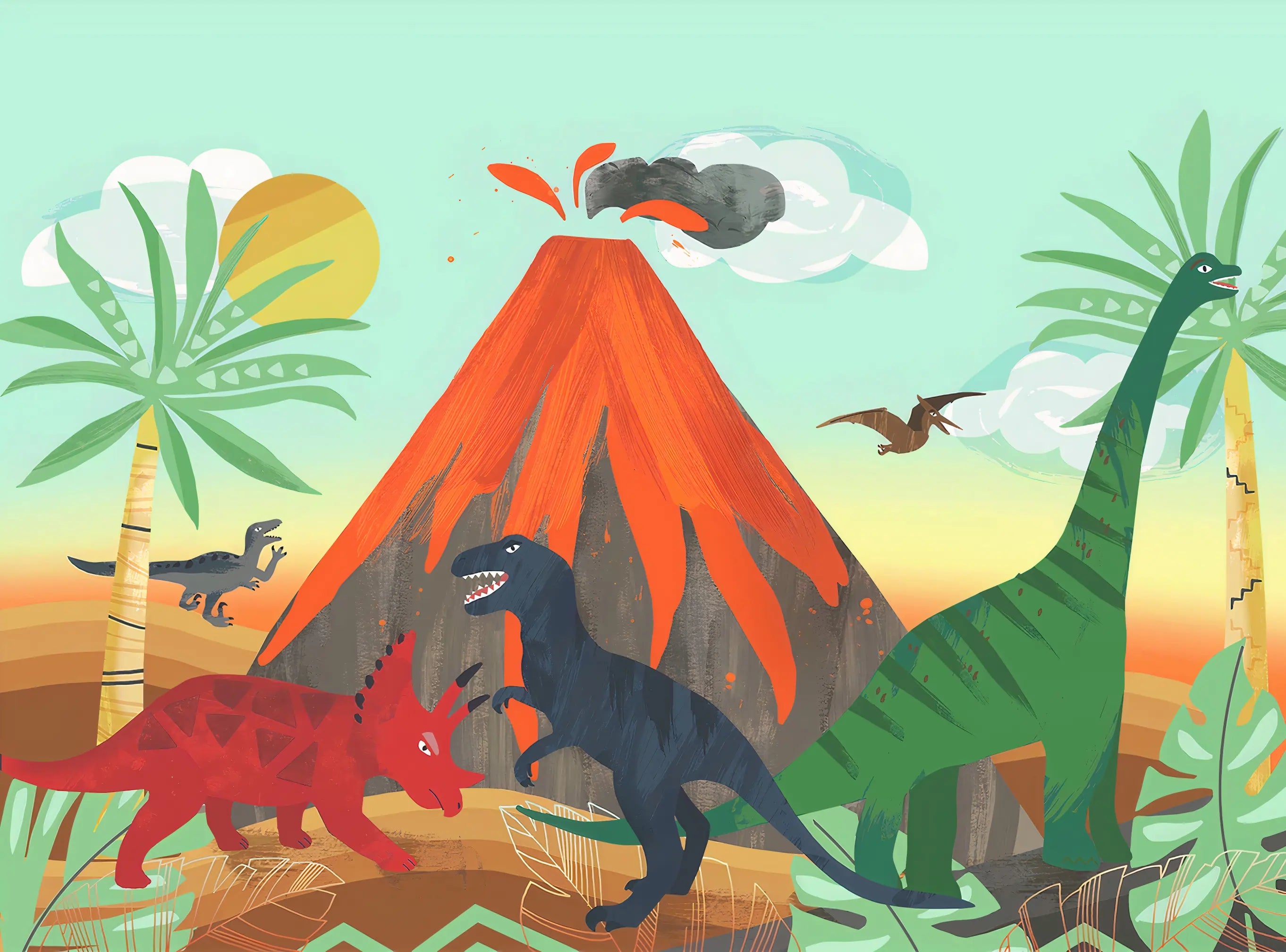 Papel de Parede Vulcão e Dinossauros  Mural Infantil de Aventura e Natureza