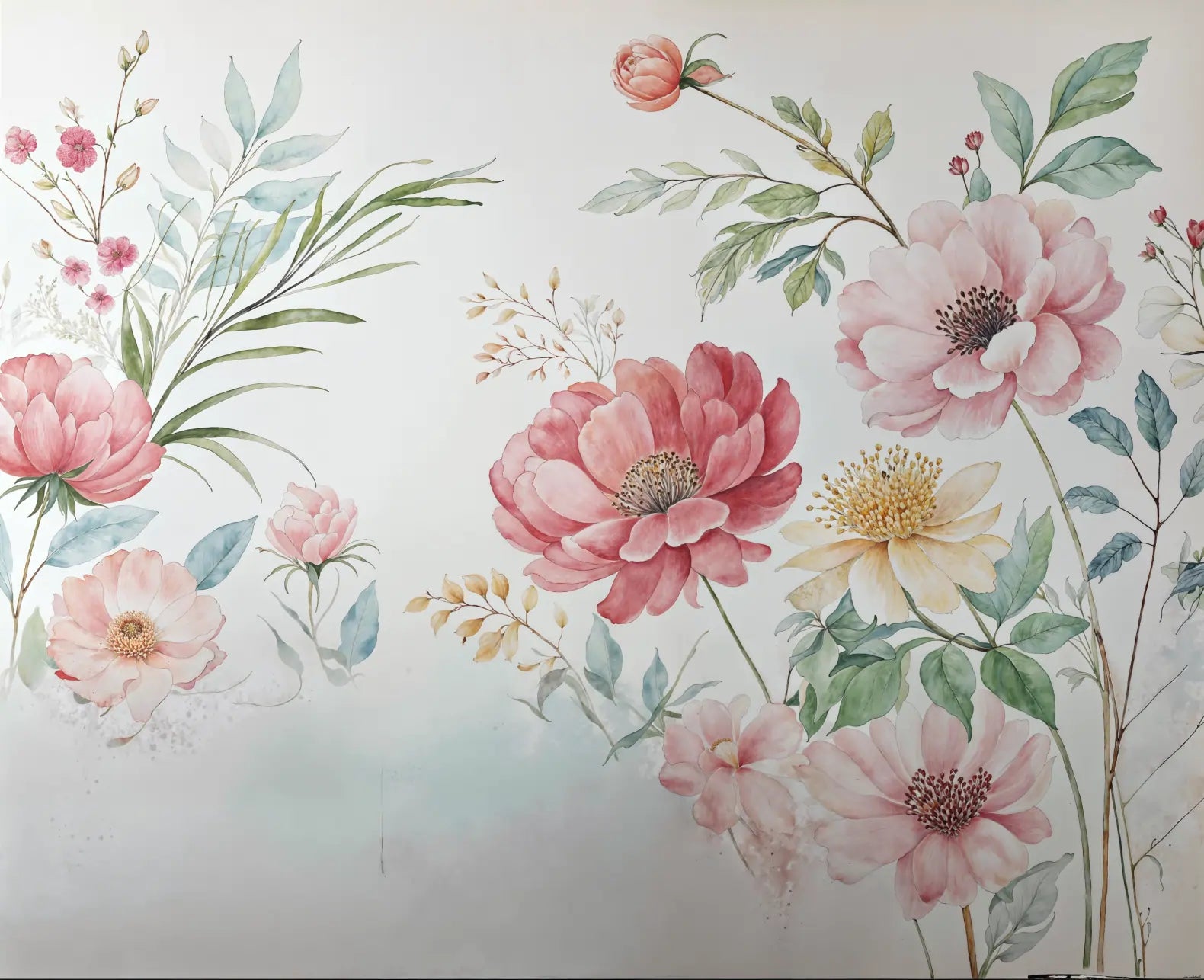 Mural Jardim de Peônias em Aquarela