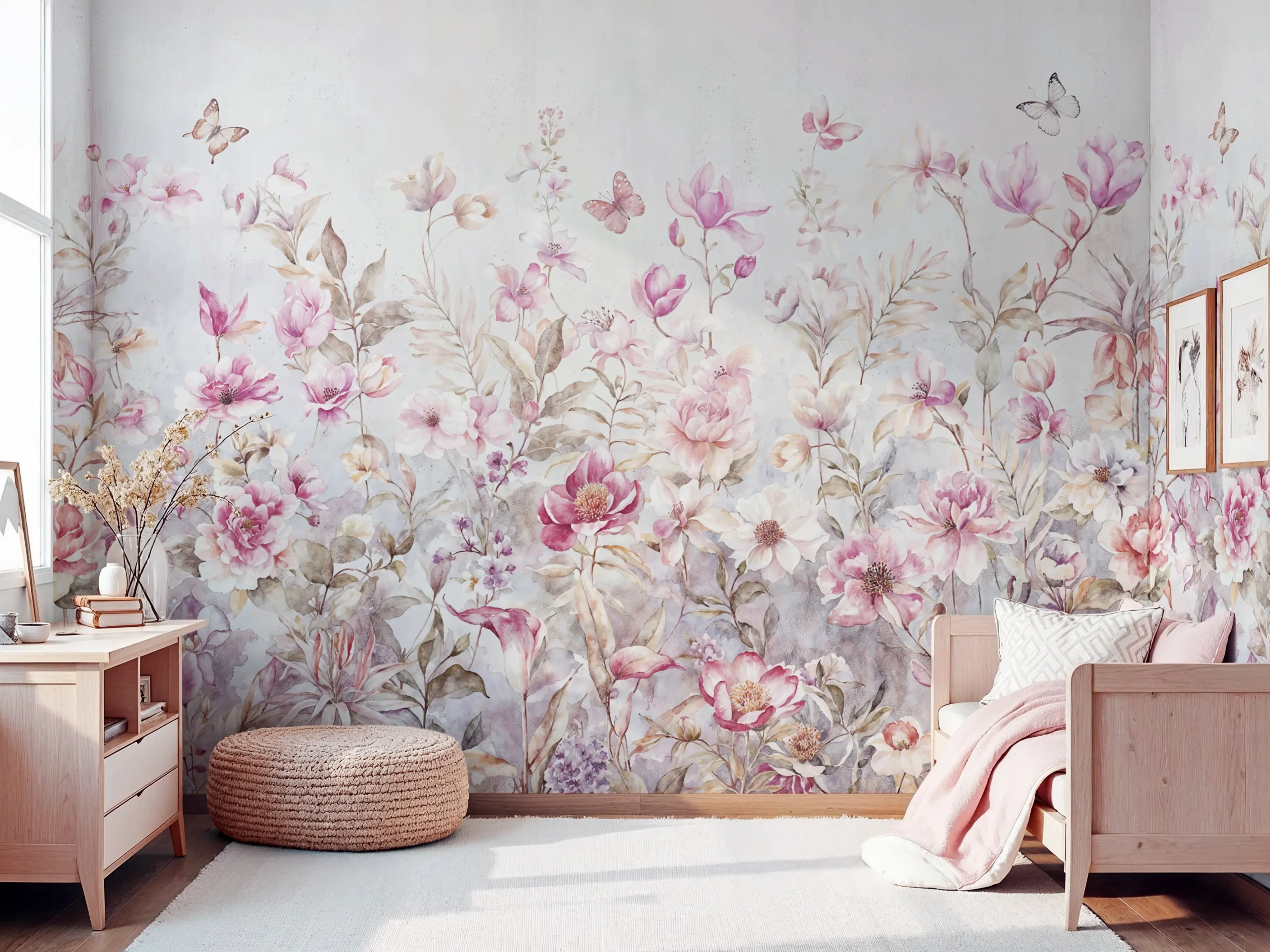 Papel de Parede Jardim Aquarela com Borboletas