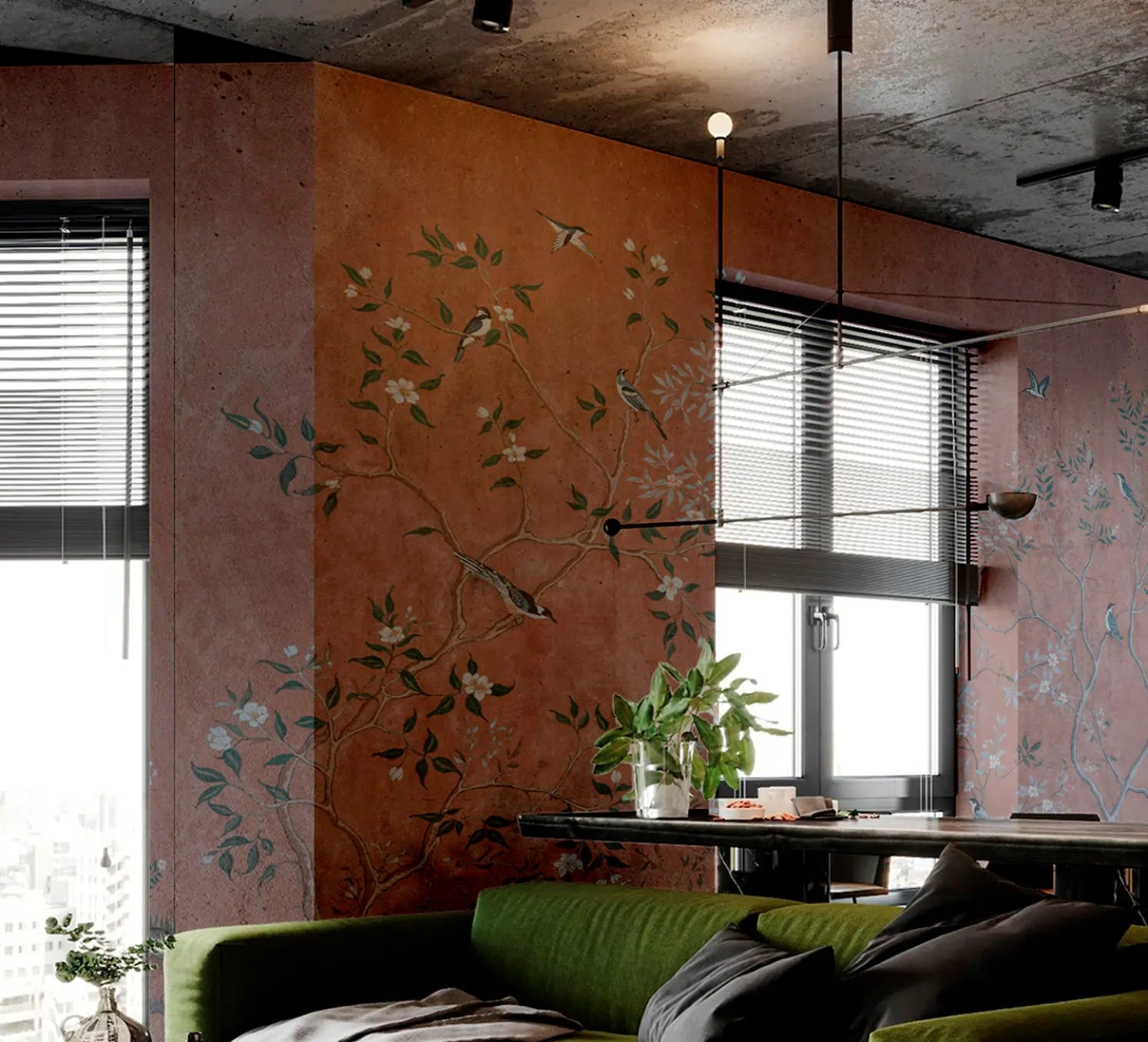 Papel de Parede Mural Chinoiserie de Pássaros e Flores