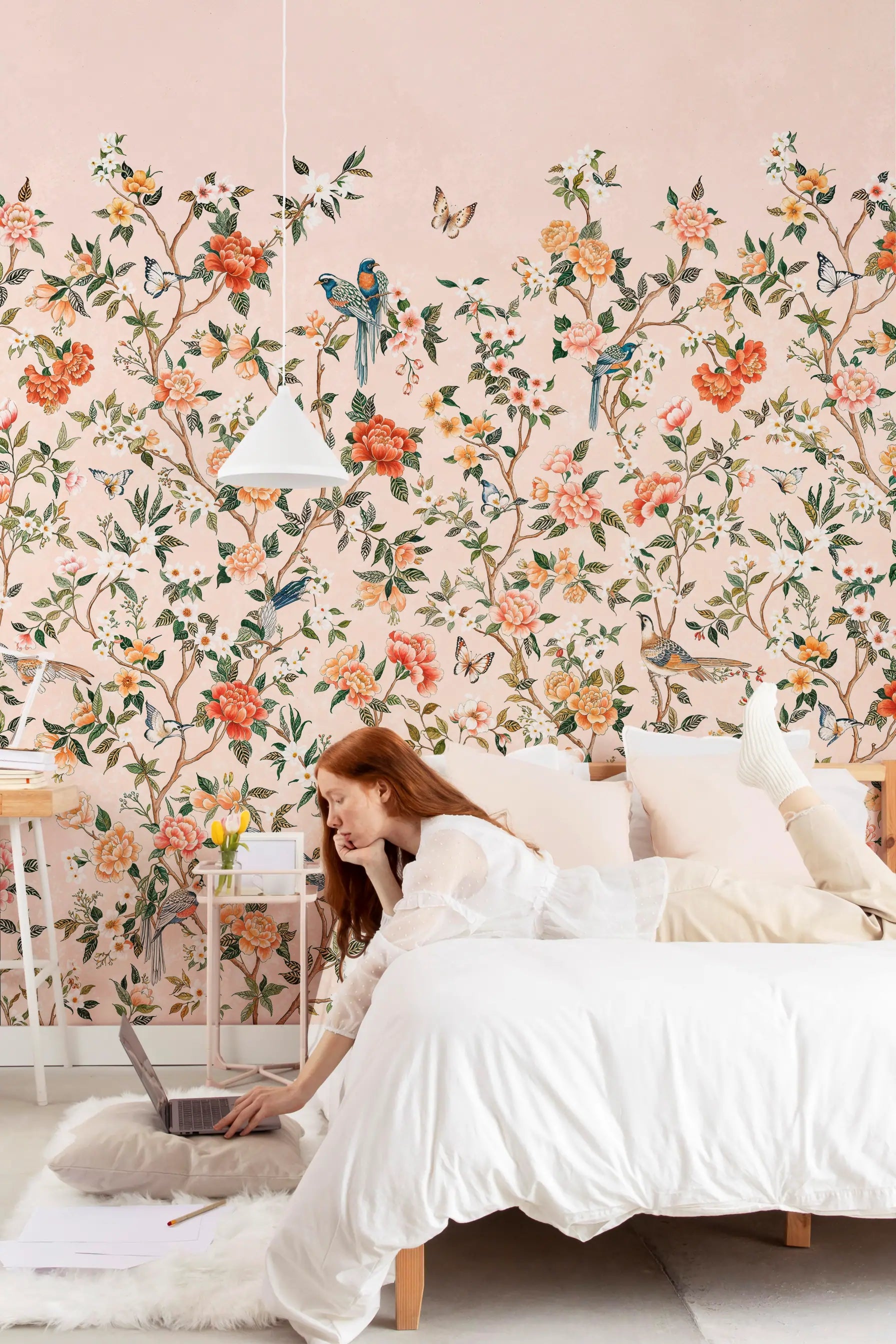 Papel de Parede Chinoiserie Rosa Delicado