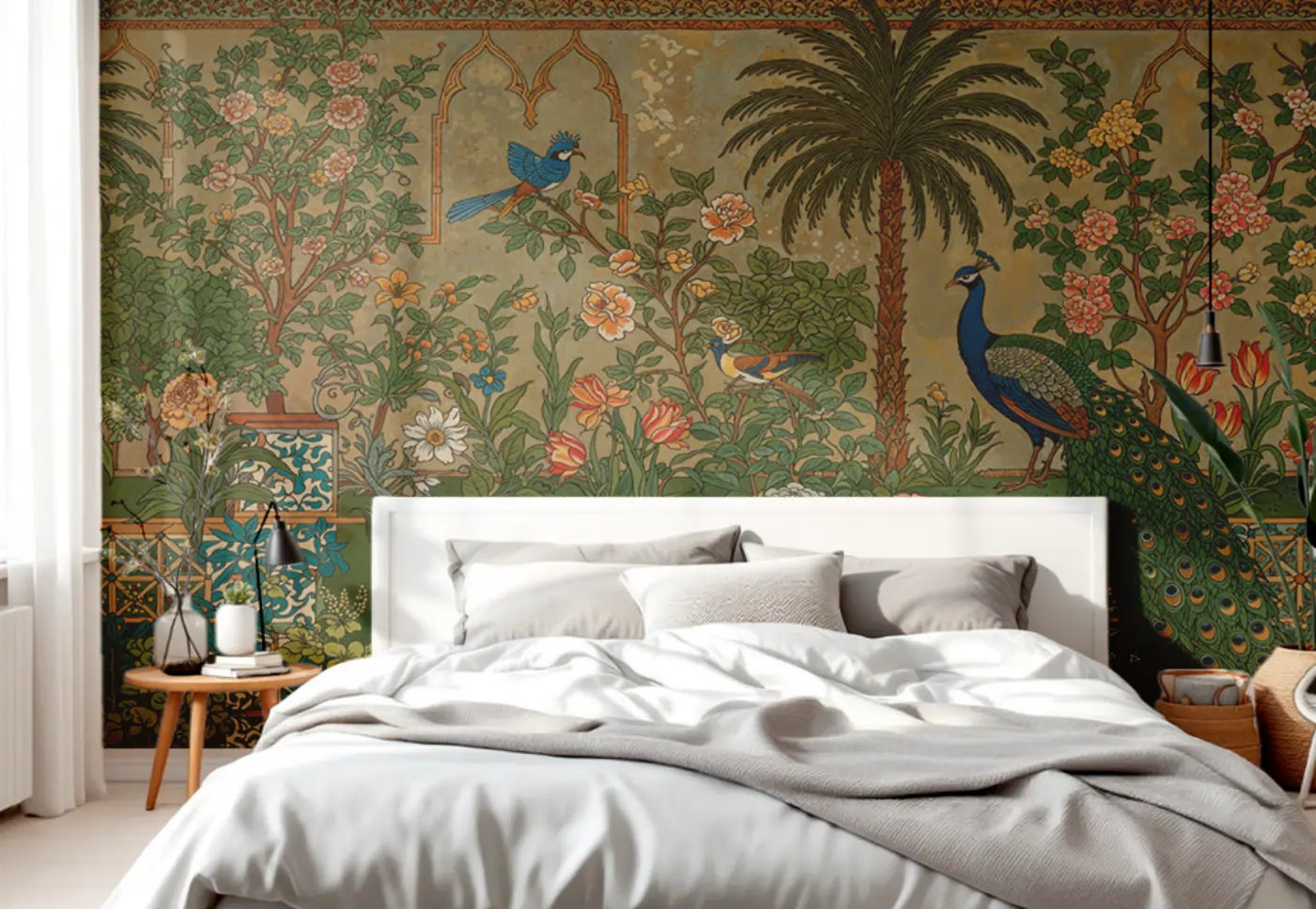 Papel de Parede Mural Jardim de Pavões e Flores
