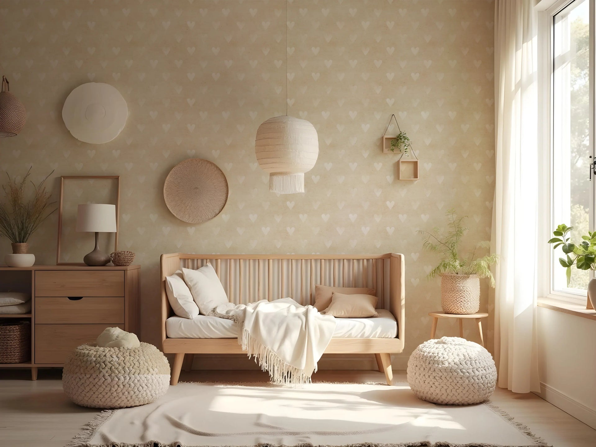 Quarto de bebê neutro com papel de parede Corações Textura Romântico da ADcorista