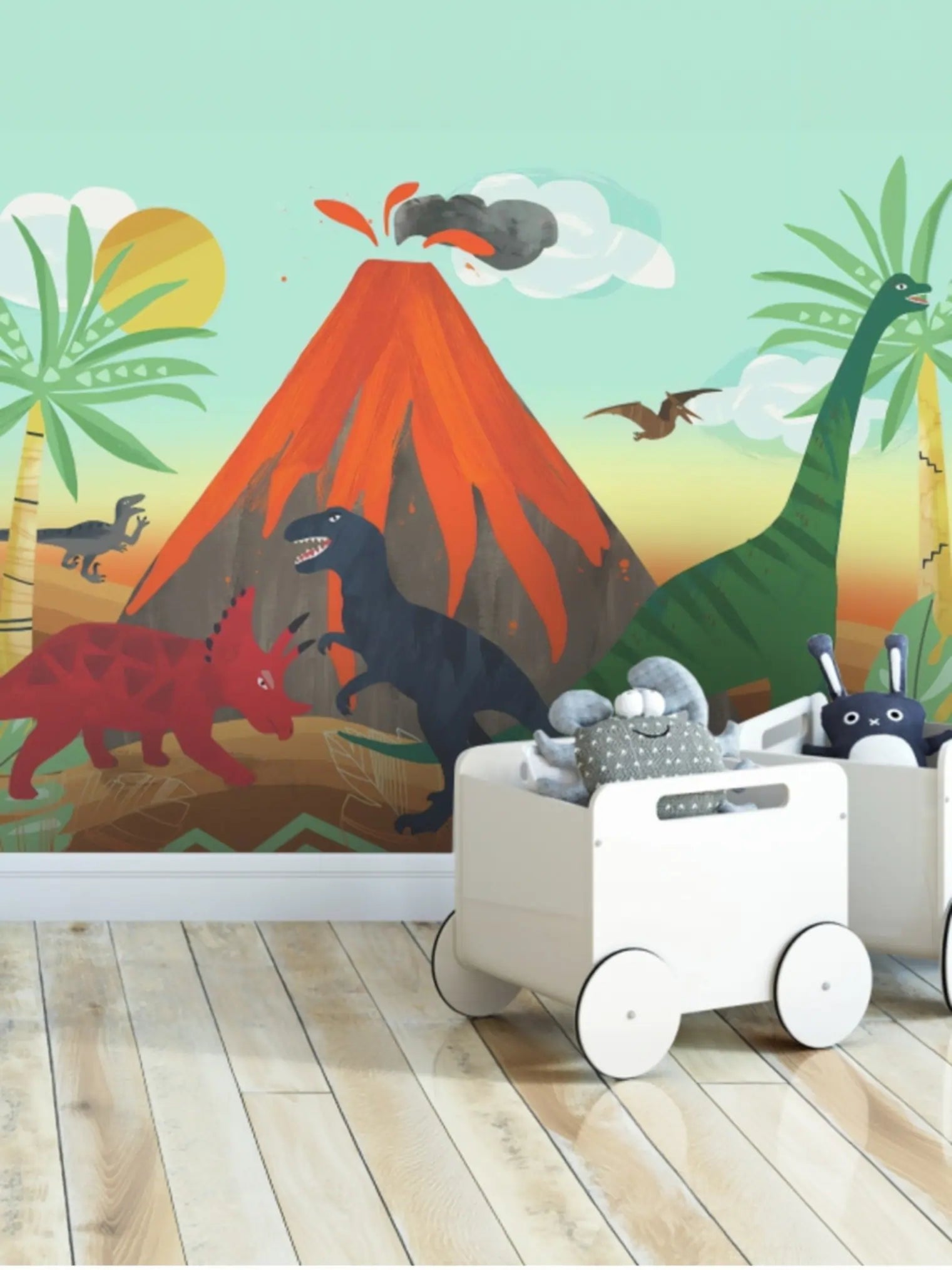 Papel de Parede Vulcão e Dinossauros  Mural Infantil de Aventura e Natureza