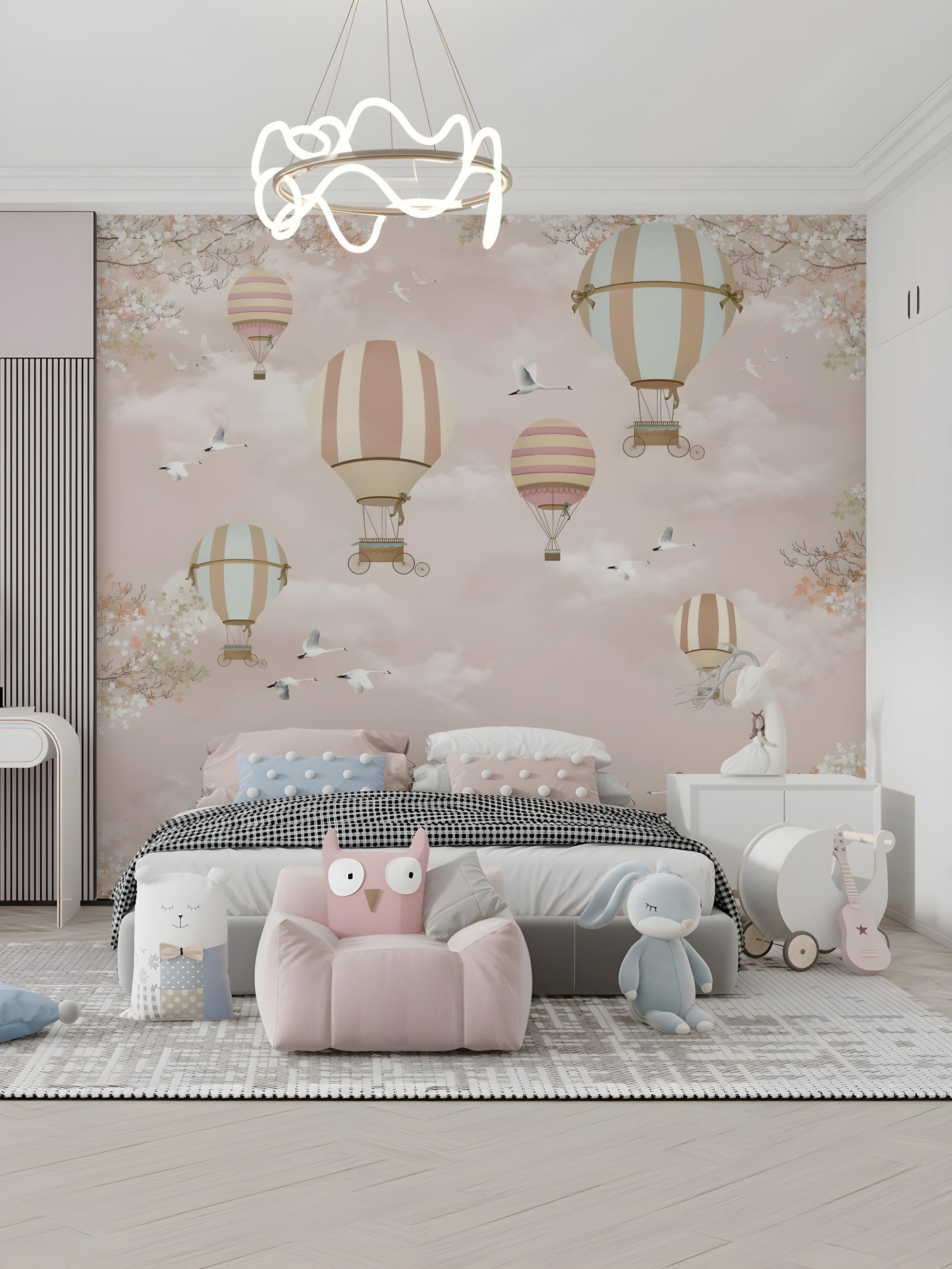 Mural Aéreo Elegante Balões e Garças Suave