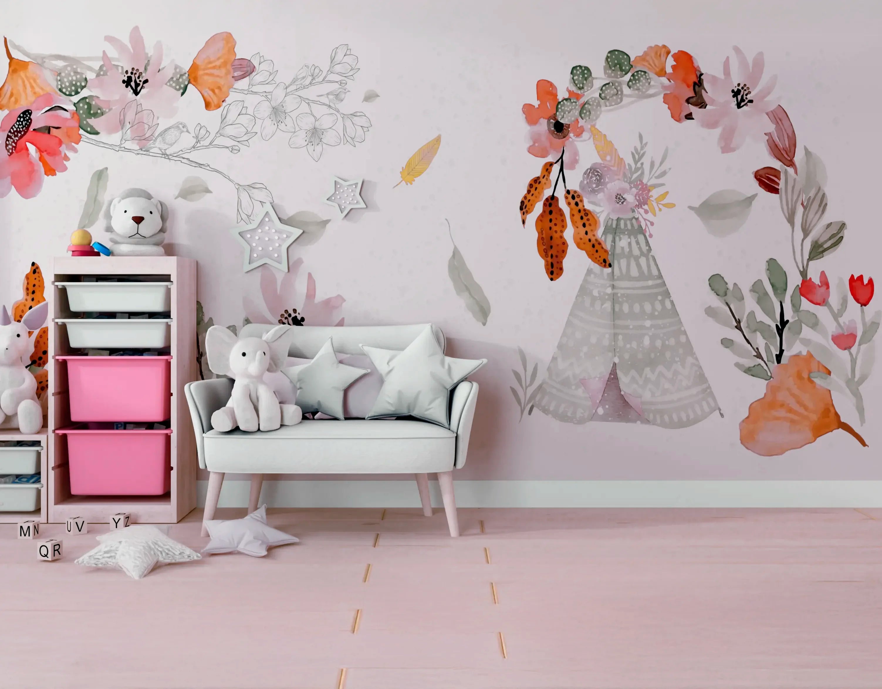 Papel de Parede Floral Grande em Aquarela  Arte Botânica Suave e Elegante