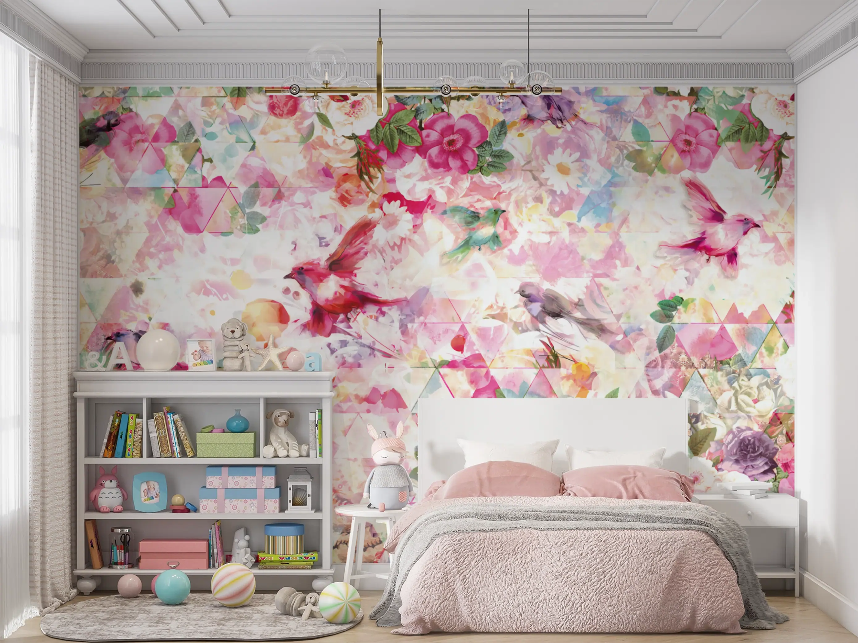 Papel de Parede Floral Rosa Triângulos  Estilo Contemporâneo com Toque Artístico