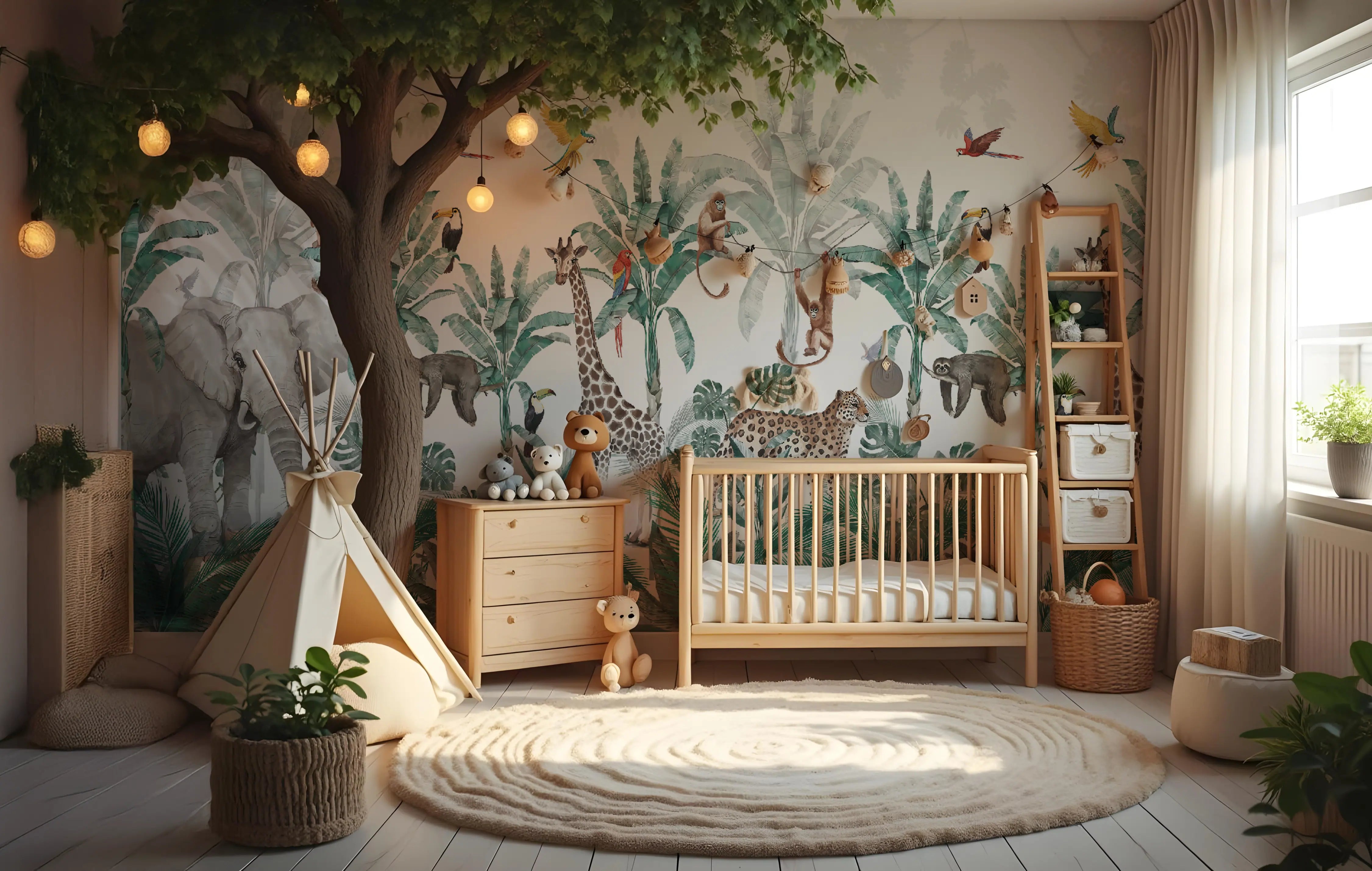 Papel de Parede Safari Infantil com Animais da Floresta em Aquarela