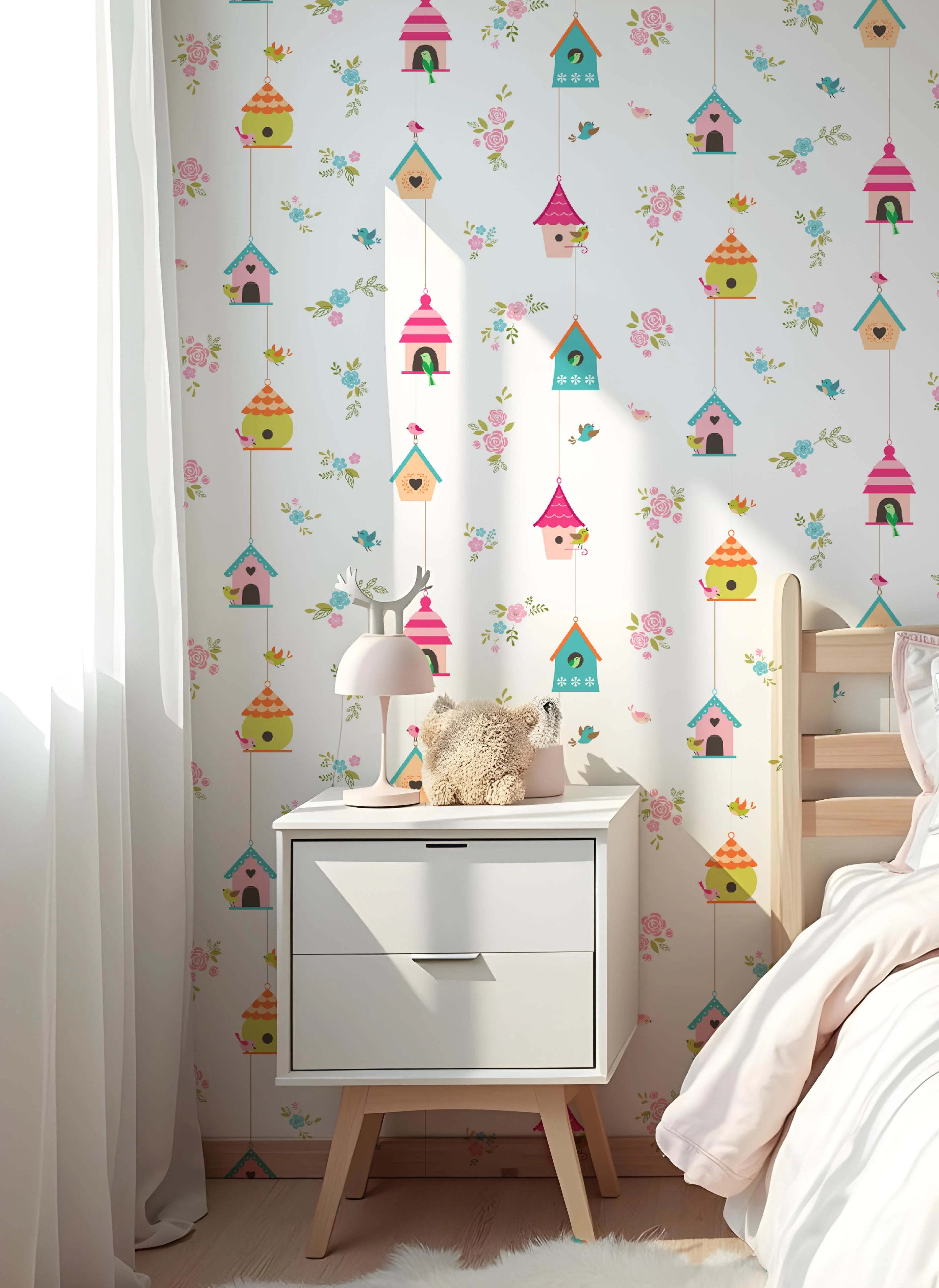 Papel de Parede com Gaiolas, Casinhas e Pássaros Encanto Delicado para Quartos e Salas