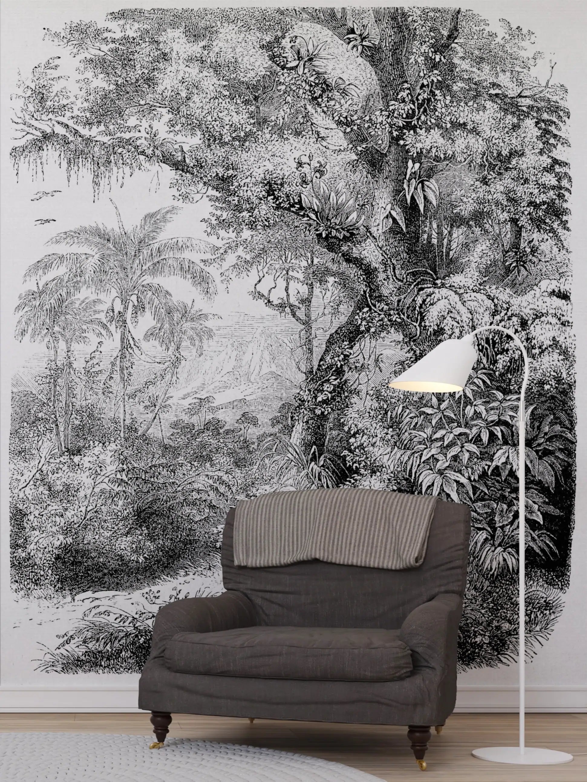 Papel de Parede Selva Natureza Ilustração Tropical em Estilo Contemporâneo