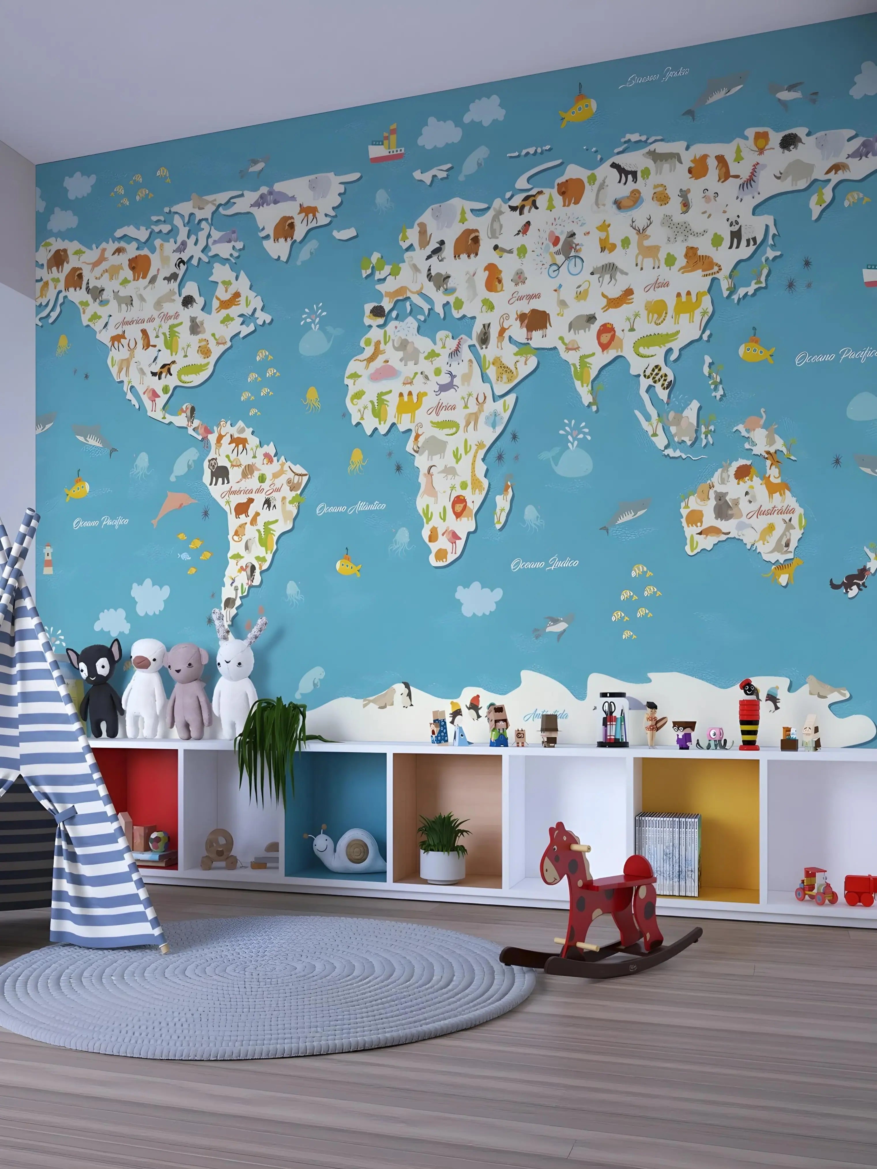 Papel de Parede Infantil Mapa Mundi Animais