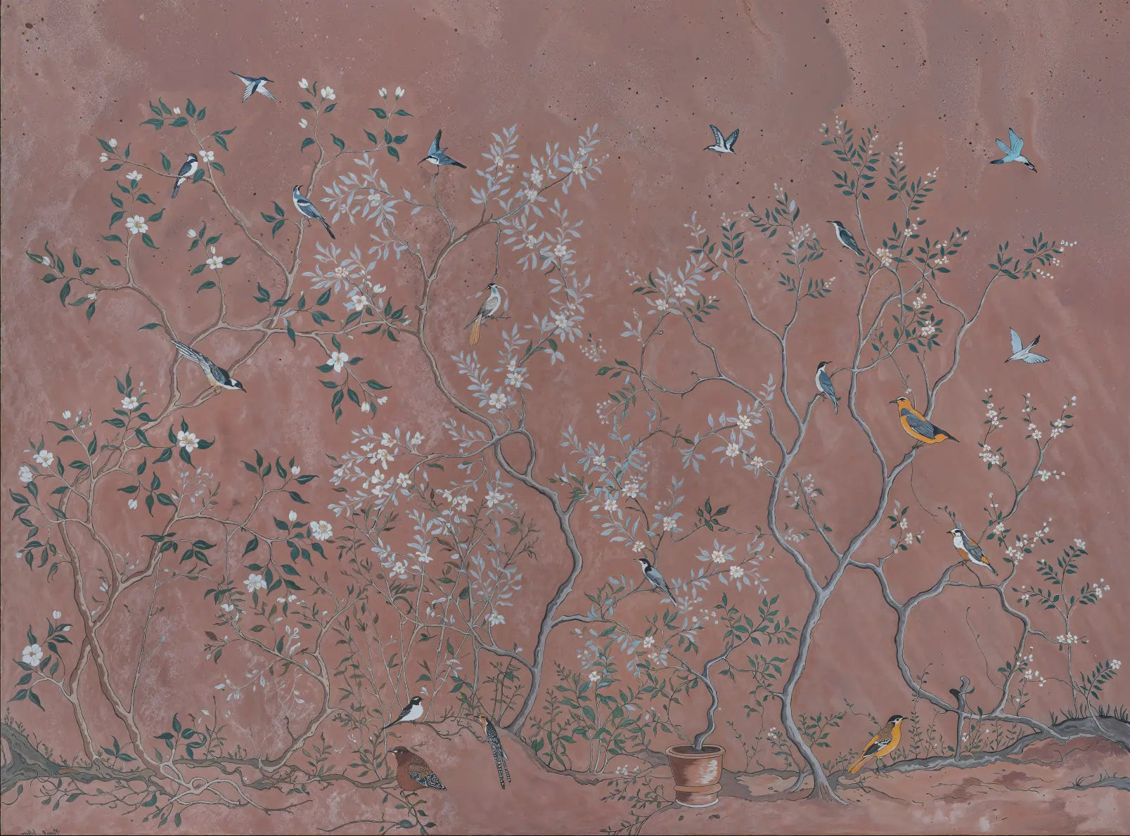 Papel de Parede Mural Chinoiserie de Pássaros e Flores