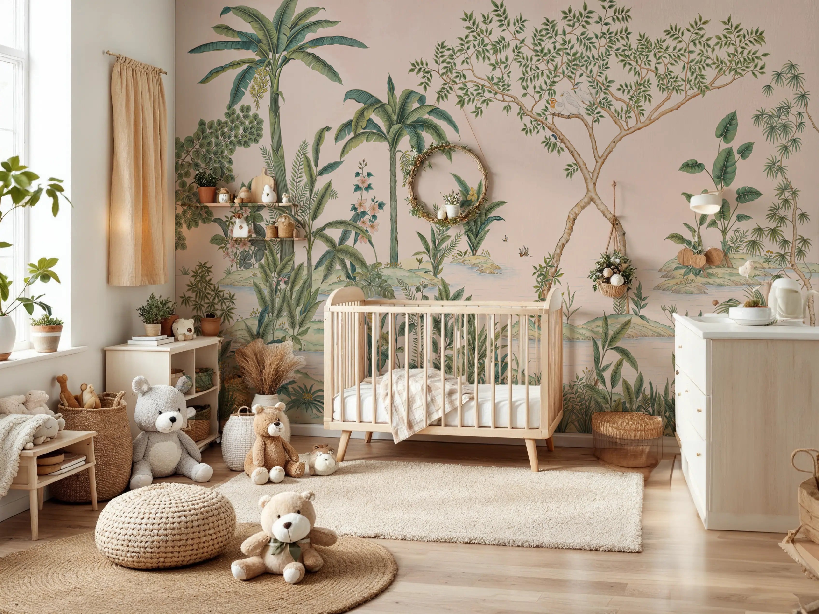 Papel de Parede Paisagem Tropical Elegante: Fauna e Flora em Harmonia Delicada
