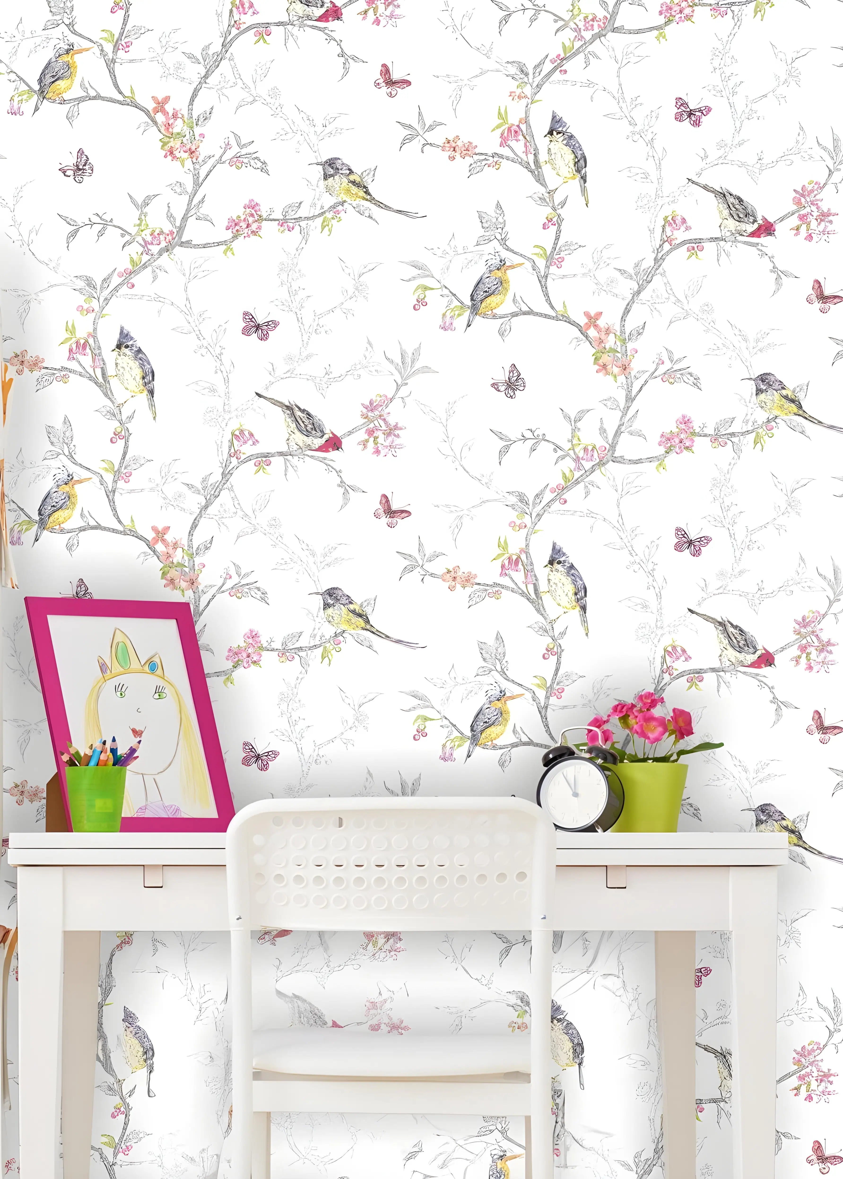 Papel de Parede Floral com Pássaros e Borboletas – Galhos Elegantes e Naturais