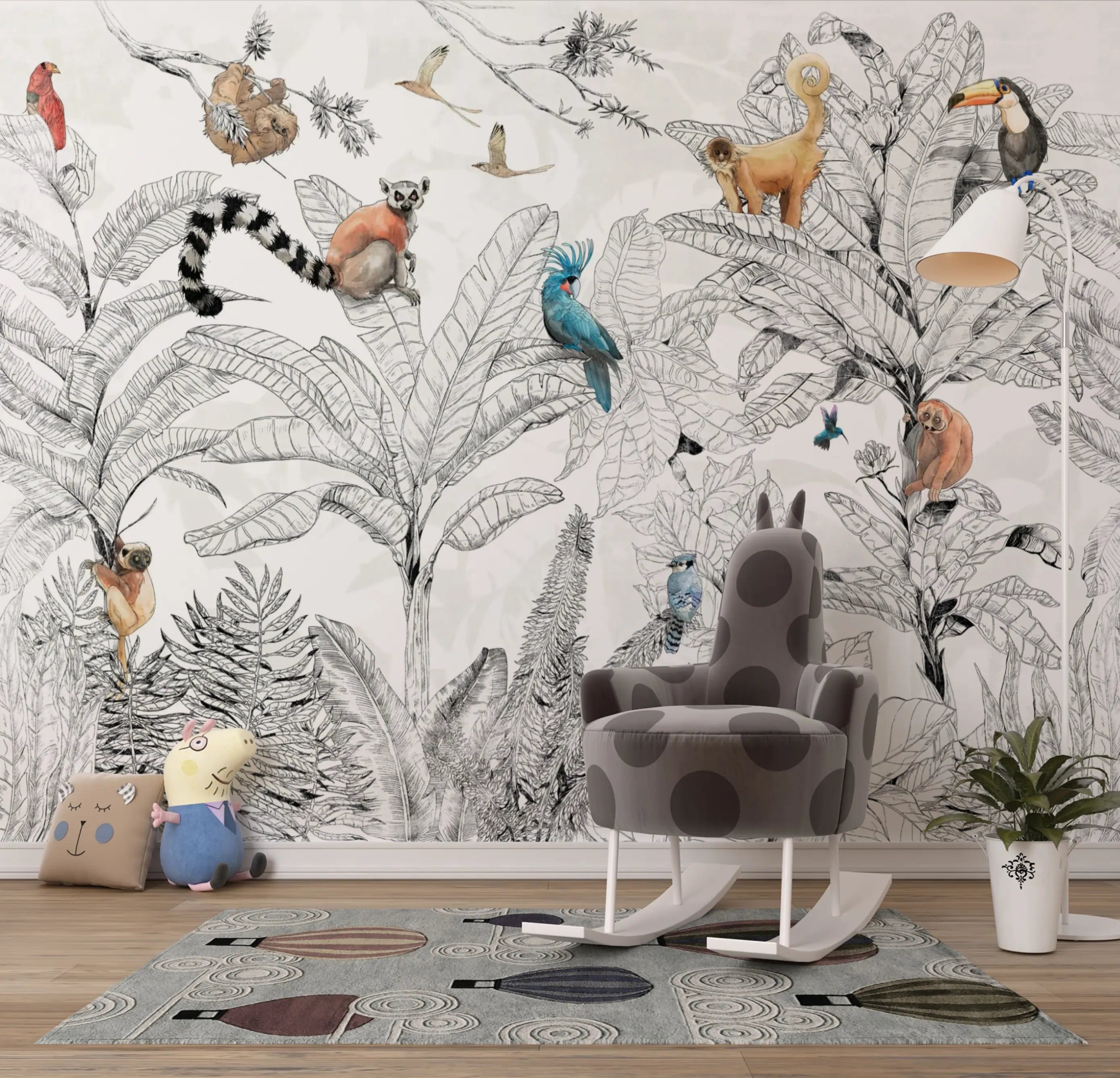 Papel de Parede Selva com Animais e Pássaros Decoração Tropical e Vibrante