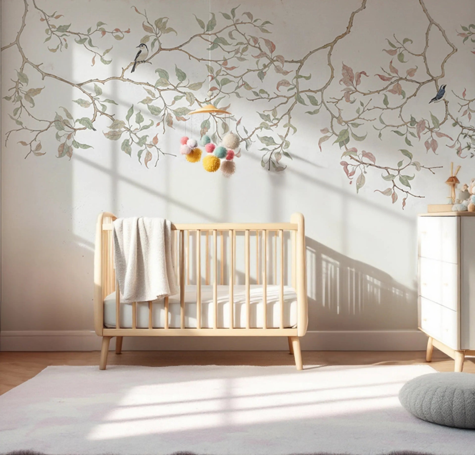 Quarto de bebê neutro com papel de parede Galhos Delicados Pássaros Suaves da ADcorista