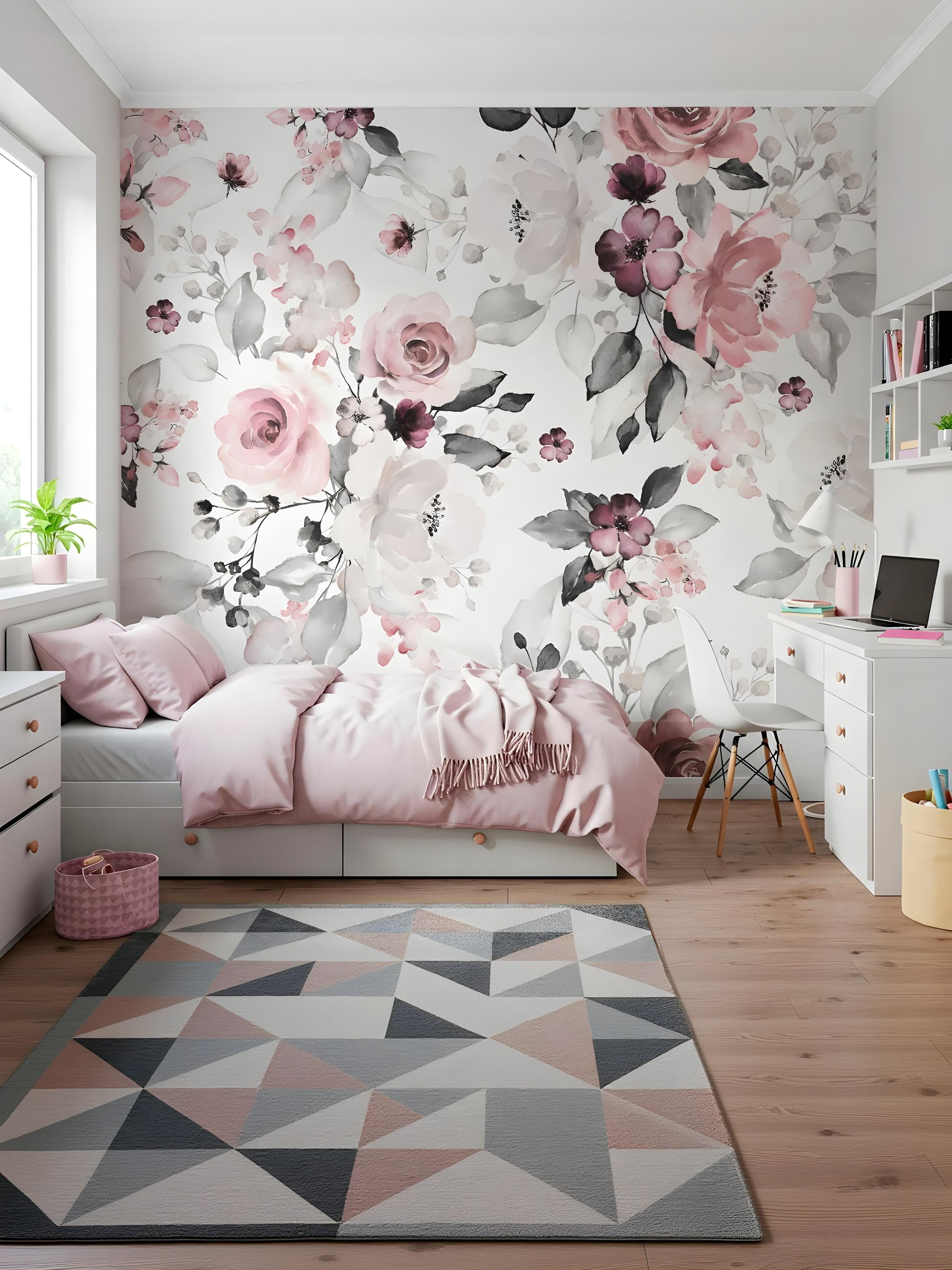 Papel de Parede Floral com Rosas Brancas em Fundo Azul Texturizado